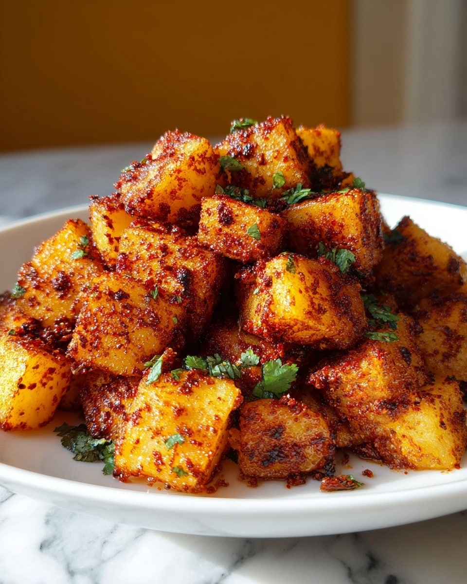 The image shows a close-up of golden-brown cubed potatoes coated with a crispy spice mix that is deep red in color, giving the potatoes a textured, crunchy look. The cubes are piled in a neat mound in the center of a white plate, and sprinkled with bits of fresh green herbs that add a pop of color. The spices cling unevenly to the potatoes, enhancing their rough surface and making them look very flavorful. The background is softly blurred with warm tones, and the plate sits on a white marbled surface. photo taken with an iphone --ar 4:5 --v 7