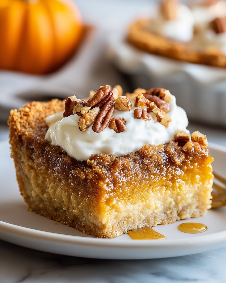 A close-up view of a single slice of pie on a white plate with a crumbly, golden-brown crust as the bottom layer, topped with a thick golden-brown filling with a slightly caramelized, textured surface, then covered with a smooth, white whipped cream layer crowned with chopped pecans. There is a small drizzle of syrup on the plate near the pie. In the blurred background, a white marbled surface holds a mini pumpkin and a pie dish with more pie. photo taken with an iphone --ar 4:5 --v 7