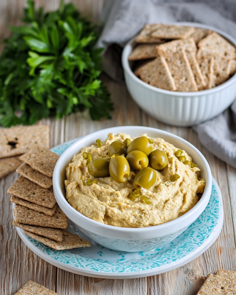 A white bowl filled with pale green olive hummus topped with sliced green olives, placed on a blue plate with a textured pattern. Around the bowl, there are multiple square, seeded crackers in light brown shades scattered on a white marbled surface. A woman's hand is holding one cracker with a scoop of the hummus on top, hovering above the bowl. Some fresh green parsley leaves are visible near the bowl and crackers. The hummus has a creamy and slightly chunky texture with a drizzle of olive oil on top. photo taken with an iphone --ar 4:5 --v 7