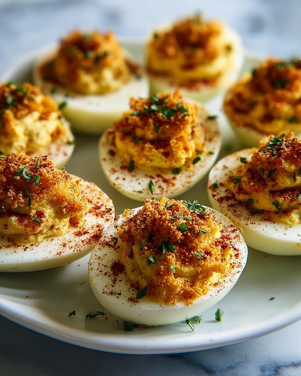 A white plate holds several deviled eggs, each cut in half and filled with a creamy, pale yellow yolk mixture. On top of the yolk filling sits a crispy, golden-brown, slightly textured round layer that spills over the edges of the egg whites. The deviled eggs are sprinkled with finely chopped green herbs and a light dusting of reddish-brown paprika, adding color contrast. The background is a white marbled texture, softening and brightening the overall scene. photo taken with an iphone --ar 4:5 --v 7