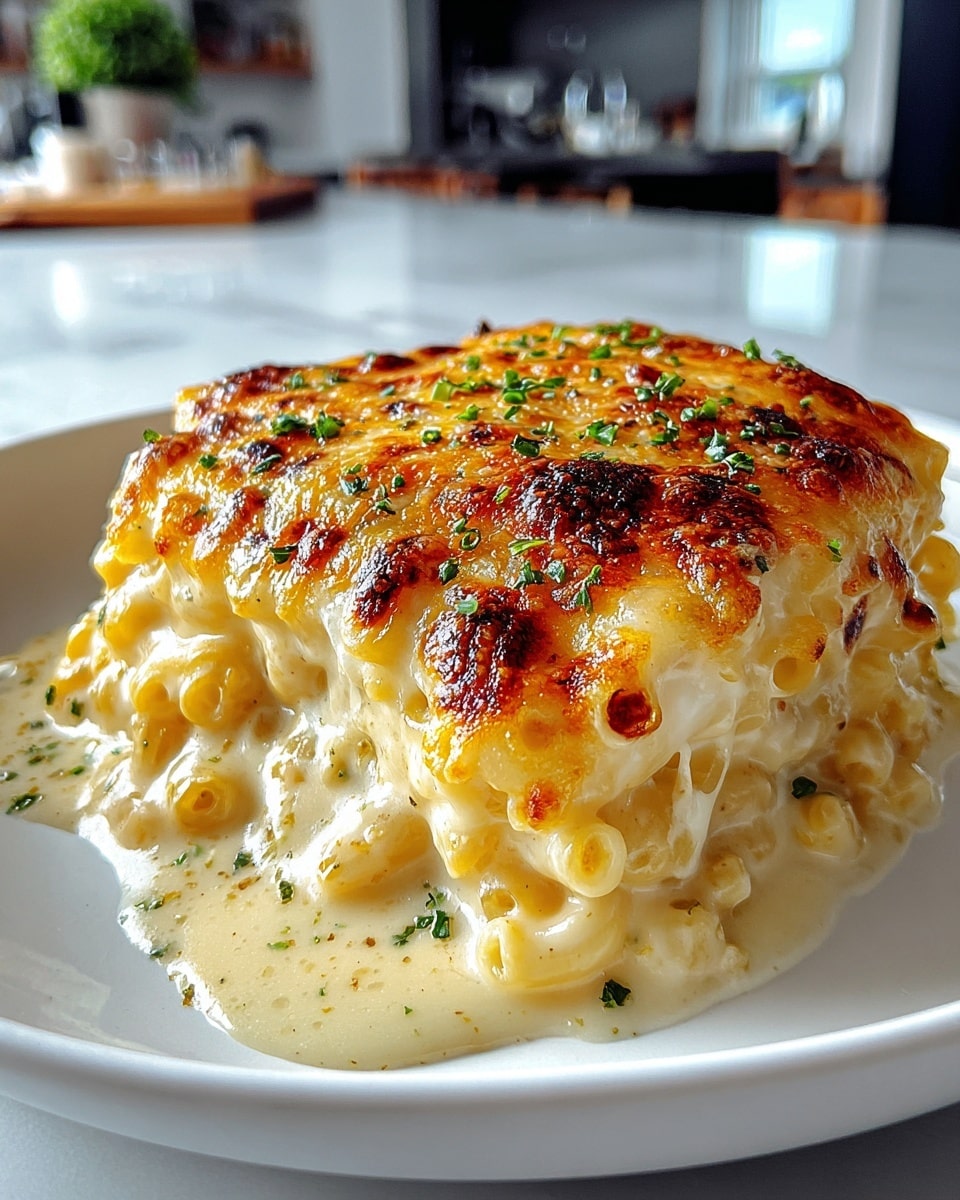 A creamy serving of baked macaroni and cheese sits on a white plate. The dish has two main layers: the bottom layer is soft macaroni coated in thick, glossy white cheese sauce, bubbling slightly around the edges; the top layer is a golden-brown, crispy melted cheese crust with darker toasted spots, sprinkled with small bits of fresh green herbs. The texture looks rich and gooey with a nice contrast between the crispy top and creamy pasta below. The plate is placed on a white marbled textured surface with a blurred kitchen background. Photo taken with an iphone --ar 4:5 --v 7