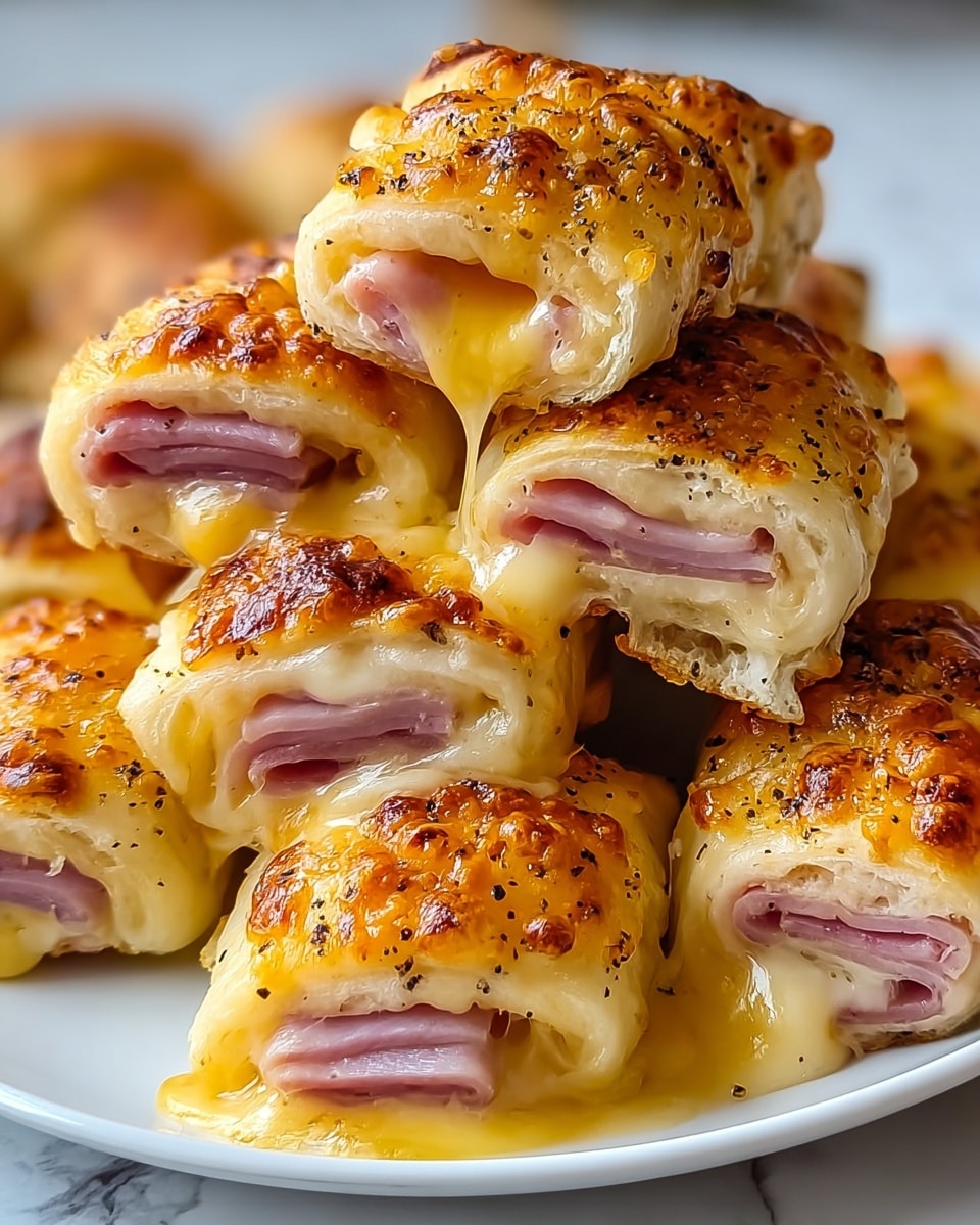 The image shows several golden-brown baked rolls stacked on a white plate on a white marbled surface. Each roll has three visible layers: a soft, slightly browned outer pastry layer with a bubbly, textured cheese crust, a smooth, pale pink middle layer of ham, and a gooey, melted yellow cheese layer oozing out from the ends. The rolls are sprinkled with black pepper, adding small dark dots on top. The lighting highlights the shiny, melted cheese and crispy edges of the pastry, making the rolls look warm and fresh. Photo taken with an iphone --ar 4:5 --v 7