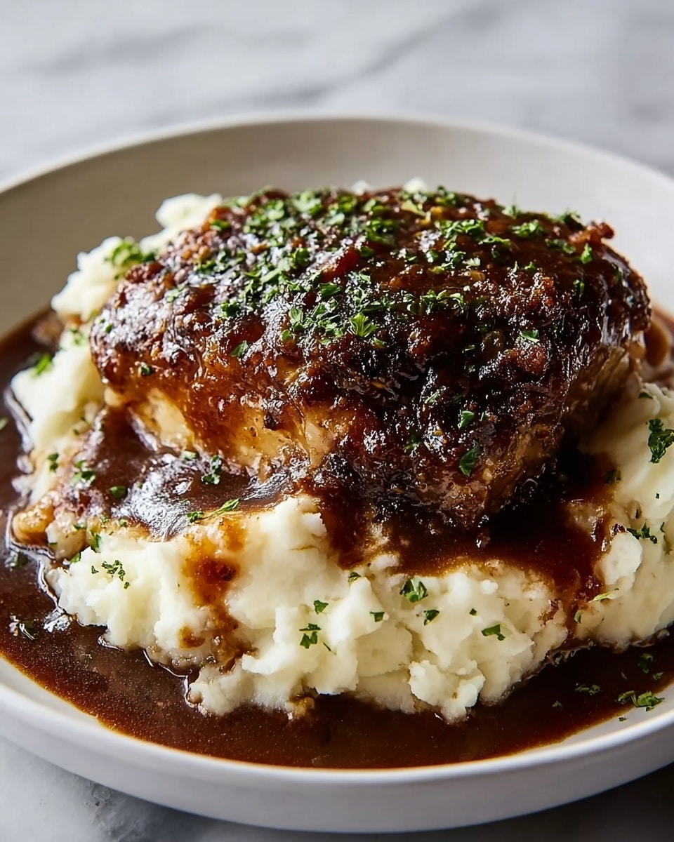 The image shows a large, crispy piece of dark brown meat with a slightly charred crust and green herbs sprinkled on top, resting on a thick bed of creamy white mashed potatoes. The mashed potatoes have a smooth texture with small lumps and are lightly garnished with chopped herbs as well. Rich, glossy brown gravy is drizzled over both the meat and the mashed potatoes, pooling slightly around the base. The food is served on a simple white plate sitting on a white marbled surface. photo taken with an iphone --ar 4:5 --v 7