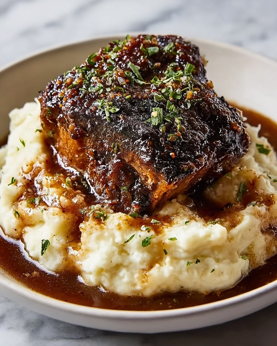 A close-up view of a plate with two layers: the bottom layer is creamy white mashed potatoes with a soft, slightly chunky texture, spread thickly across the plate. The top layer is a dark brown, crispy crusted piece of meat or fish, covered in a rich, thick brown sauce that drips over the mashed potatoes. Small bits of green herbs are sprinkled on top and around the dish. The plate is white, set on a white marbled surface. Photo taken with an iphone --ar 4:5 --v 7