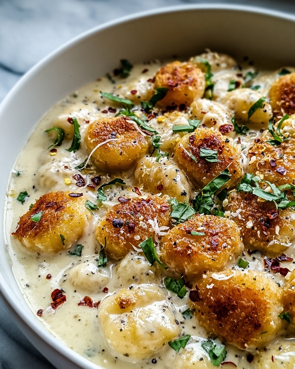 A white bowl holds creamy gnocchi with a smooth white sauce coating each piece. The dish has two main layers: the bottom layer is soft gnocchi in a thick white creamy sauce, and the top layer consists of golden-brown, crispy gnocchi pieces that are slightly browned and crunchy. Small bits of red chili flakes and finely chopped fresh green herbs are scattered evenly on top, adding color and texture contrast. The creamy sauce looks rich and slightly glossy, pooling gently around the gnocchi. The photo is taken with a white marbled surface in soft natural light, highlighting the contrast between the crispy and creamy textures. Photo taken with an iphone --ar 4:5 --v 7
