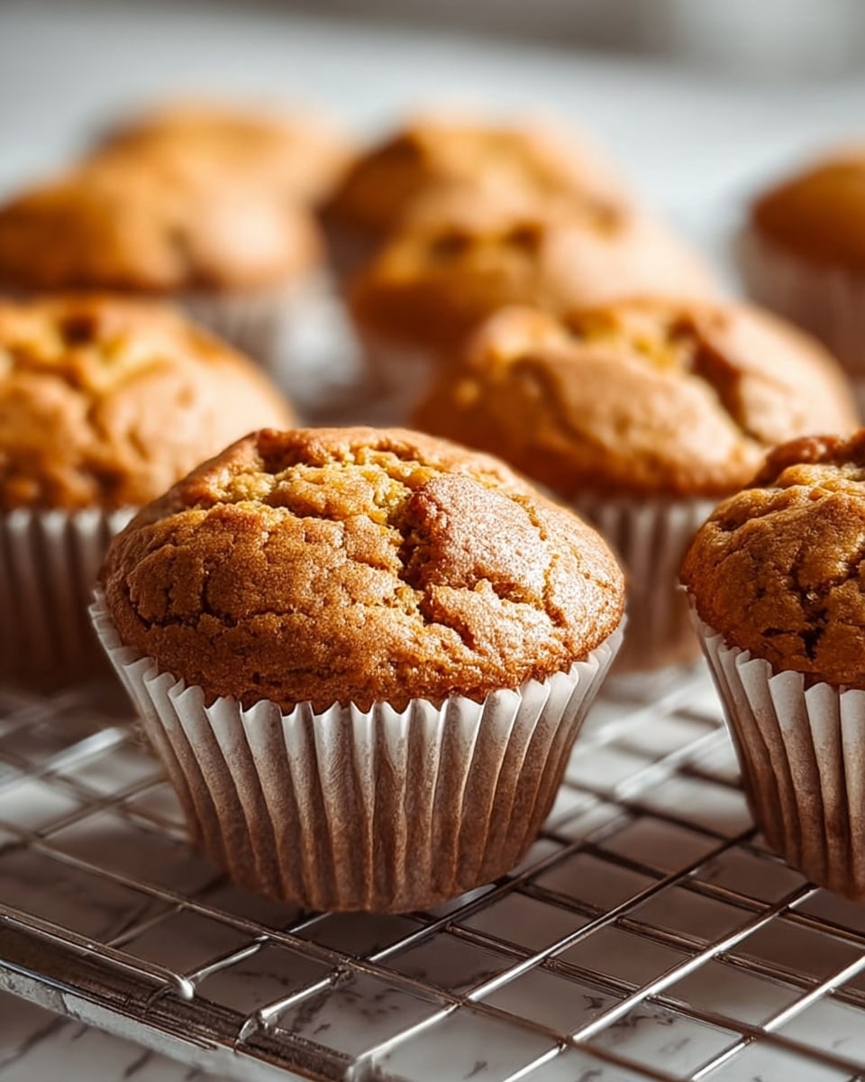 A close-up view of several golden brown muffins with cracked tops, each in white ridged paper liners, all sitting on a metal cooling rack. The muffins have a soft, slightly rough texture on the top with some small crevices and a warm, baked color. The background features a white marbled texture with soft lighting highlighting the tops and sides of the muffins. photo taken with an iphone --ar 4:5 --v 7