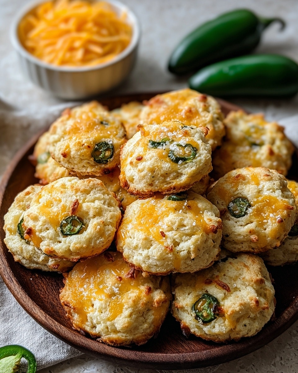A round dark wooden platter holds a pile of small, golden cheese biscuits, each with melted, slightly browned cheddar cheese on top and green jalapeño slices baked inside and on top. The biscuits have a crumbly texture and some show coarse sea salt sprinkled over them. A white bowl filled with shredded cheddar cheese sits in the background on a white marbled surface, along with two green jalapeños slightly out of focus. The warm, toasted colors of the biscuits contrast with the fresh green of the peppers and the creamy orange cheese. photo taken with an iphone --ar 4:5 --v 7