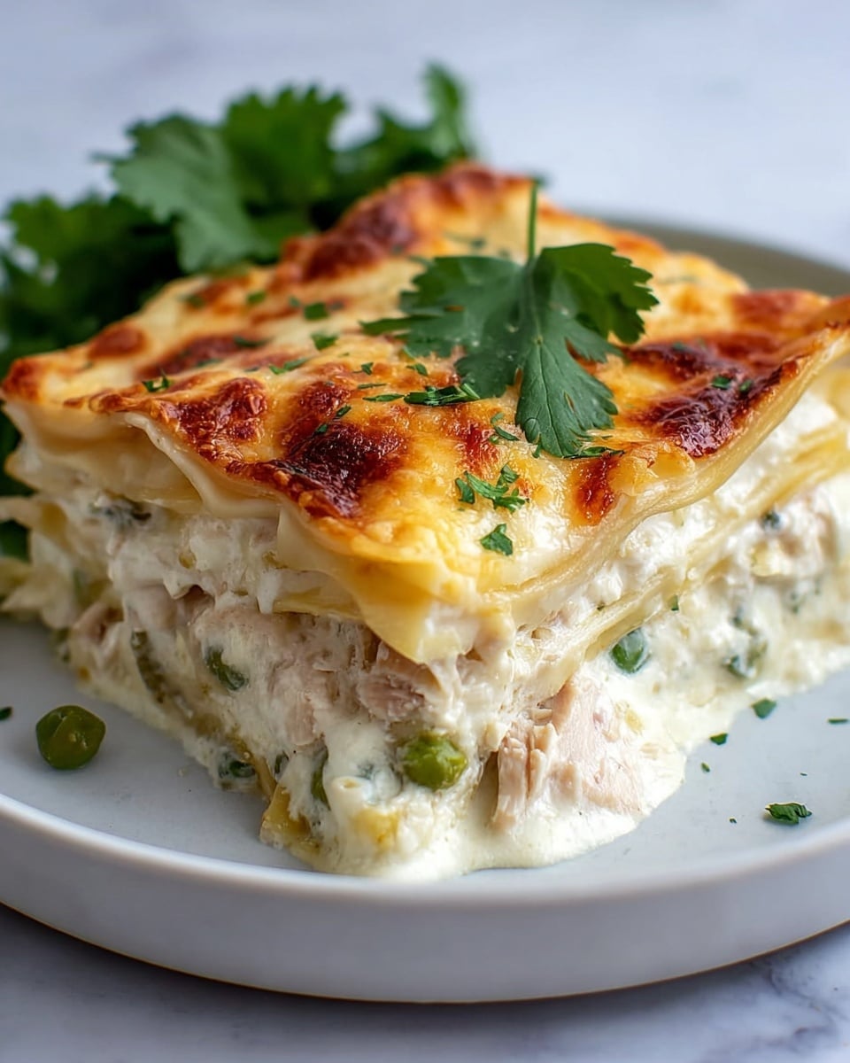 A thick piece of lasagna with three distinct layers is shown on a white plate resting on a white marbled surface. The top layer is a golden-brown baked cheese crust with bubbly, slightly browned spots and a sprig of green cilantro as garnish. Beneath the cheese is a creamy white sauce mixed with chunks of chicken and visible green peas scattered throughout. The bottom layer appears to be a soft, pale pasta sheet supporting the filling above it, holding the dish together. The focus is close up, making the textures of melted cheese and creamy filling clear and inviting. Photo taken with an iphone --ar 4:5 --v 7