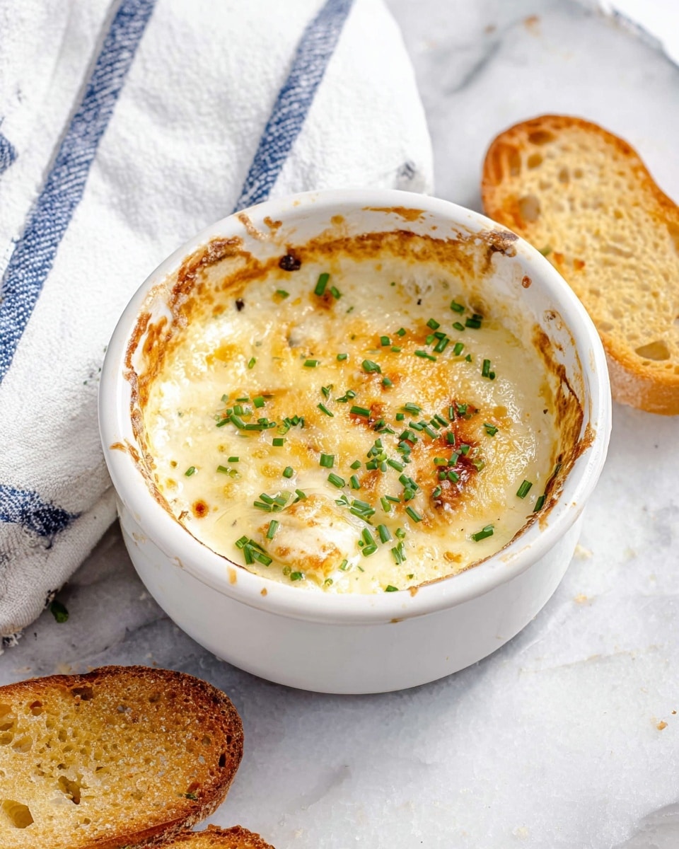 A white ceramic ramekin filled with a creamy, baked dish is shown on a white marbled surface, topped with melted golden cheese that has browned spots and sprinkled with small green herbs, likely chives. The edges of the ramekin have a light brown baked crust with some cheese residue. Surrounding the ramekin are a few slices of toasted bread with a crispy brown texture, and a white cloth with blue stripes is placed nearby. The lighting is bright and natural, creating a fresh and inviting look. Photo taken with an iphone --ar 4:5 --v 7