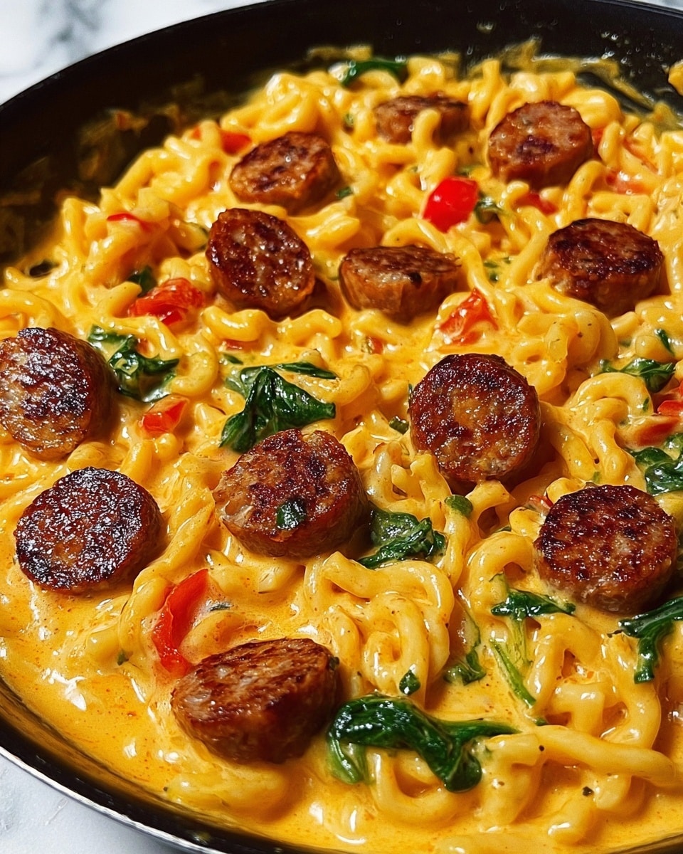 This image shows a close-up of creamy pasta with two types of noodles: short spirals and small tubes, all coated in thick, bright orange cheese sauce. Scattered throughout the pasta are browned, round sausage slices with a crispy outer edge and melted cheese on top. There are also pieces of red bell pepper and dark green spinach leaves mixed in, adding splashes of color. The dish is presented on a white marbled surface. photo taken with an iphone --ar 4:5 --v 7