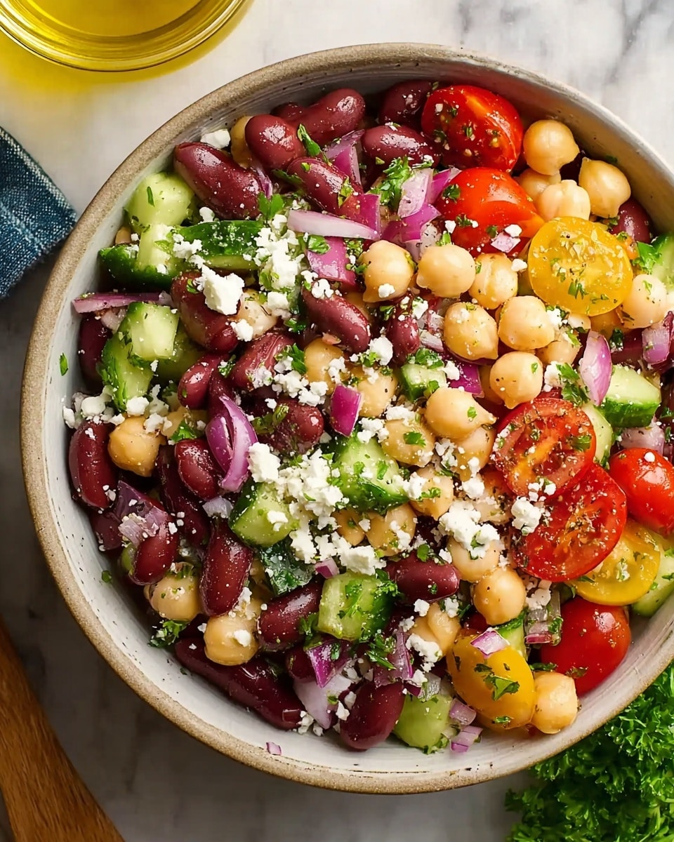A close-up view of a white bowl filled with a colorful bean salad on a white marbled surface. The salad has several layers and textures: shiny dark red kidney beans, light beige chickpeas scattered evenly, and small halved cherry tomatoes in bright red and yellow. There are pieces of diced cucumber with green skin and pale inside, finely chopped red onions adding a purple touch, and small crumbles of white feta cheese spread throughout. Fresh green herbs, likely parsley, are sprinkled on top, adding a fresh contrast. The salad looks fresh and mixed, with some glistening dressing visible on ingredients. Nearby is a small glass container of golden olive oil and some green parsley at the edge. photo taken with an iphone --ar 4:5 --v 7