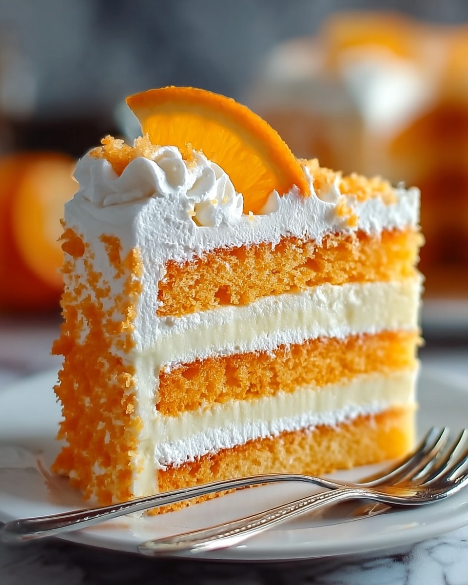 The image shows a slice of orange and white layered cake on a white plate with two silver forks. The cake has four visible layers: two orange sponge cake layers at the bottom and middle, separated by two thick white cream layers. The top layer is white cream with swirls of whipped cream and orange crumbs sprinkled on it. A thin orange slice garnish sits neatly on top, slightly tilted. The background is softly blurred with a white marbled texture surface beneath the plate. Photo taken with an iphone --ar 4:5 --v 7