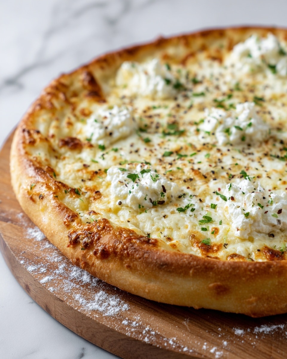 A pizza with a golden brown crust that is thick and fluffy around the edges. On top, there are two layers of white melted cheeses with bubbly golden spots: a smooth layer of mozzarella spread evenly and dollops of ricotta cheese scattered over it. The pizza is sprinkled with small bits of green herbs and black pepper for texture and color. The background is a white marbled texture, and the pizza is placed on a wooden board with some flour dusted around. Photo taken with an iphone --ar 4:5 --v 7