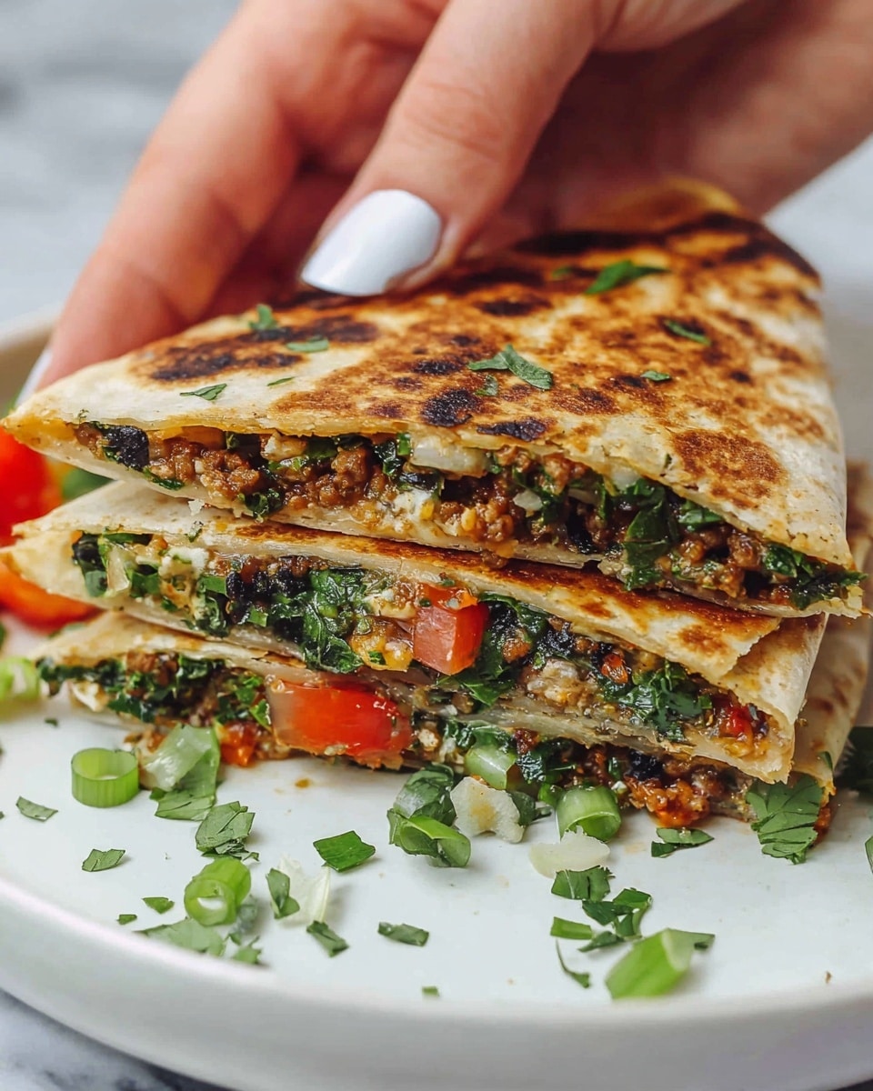 A close-up view of a folded quesadilla held by a woman's hand with pale skin and neatly trimmed nails with white polish on top, resting on a white plate. The quesadilla has a browned, slightly crispy outer tortilla layer with small char marks. Inside, there are three visible layers: the first layer is a mix of finely chopped green herbs and leafy greens, the second layer contains chunks of cooked ground meat and diced red tomatoes, and the third layer has more green herbs and bits of melted cheese. Some scattered chopped green onions and herbs are visible on and around the quesadilla on the plate, which sits on a white marbled surface. Photo taken with an iphone --ar 4:5 --v 7