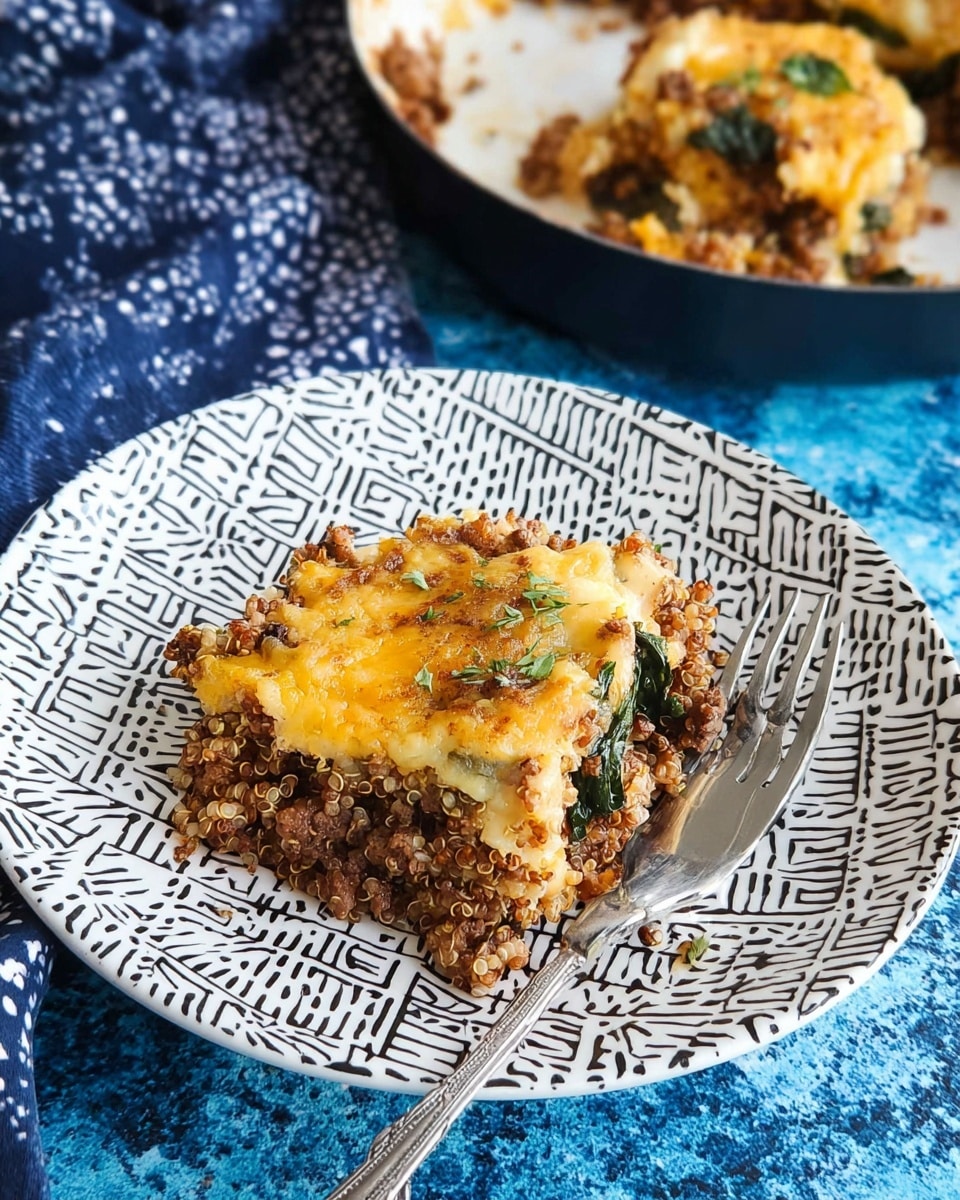 A close-up view of a clear glass baking dish showing a multi-layered casserole. The bottom layer is melted yellow and white cheese that is gooey and stretchy. Above it, there is a layer of cooked ground meat with small green spinach leaves mixed in, adding a fresh green color. The texture of the meat looks soft and crumbly, sitting just above the melted cheese. A rose gold spoon is lifting a large portion from the dish, with cheese stringing between the dish and the spoon. The dish is placed on a blue cloth, and the background is a white marbled surface. photo taken with an iphone --ar 4:5 --v 7