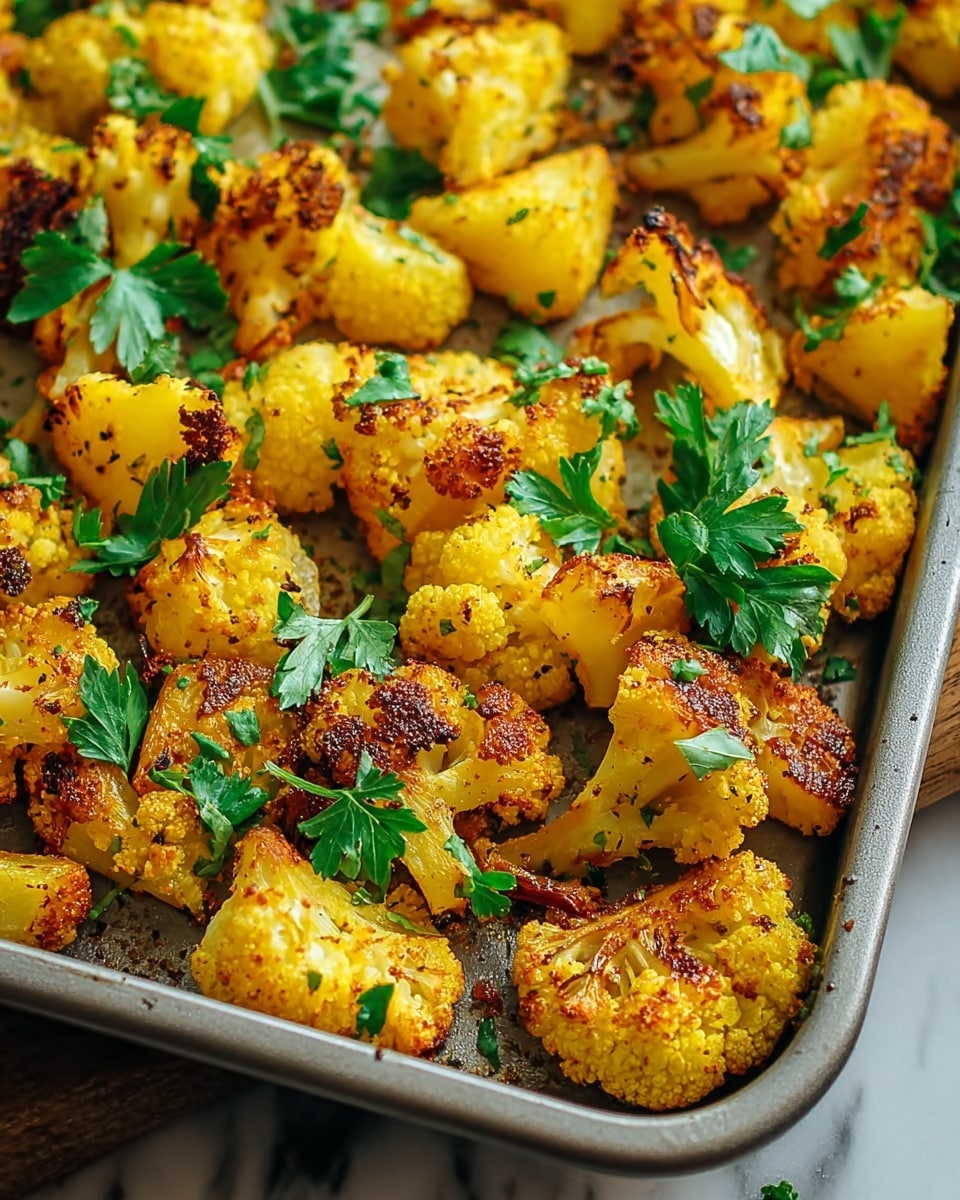 The image shows a tray full of golden roasted cauliflower pieces, each with a crispy brown and slightly charred surface texture, scattered evenly. The cauliflower is bright yellow, indicating the use of turmeric or similar seasoning, and is garnished with fresh green parsley leaves, adding a vibrant contrast. The tray appears metal and is placed on a white marbled textured surface. The cauliflower pieces appear fluffy inside with crunch on the outside, and the close-up angle highlights their crisp edges and seasoned coating. photo taken with an iphone --ar 4:5 --v 7