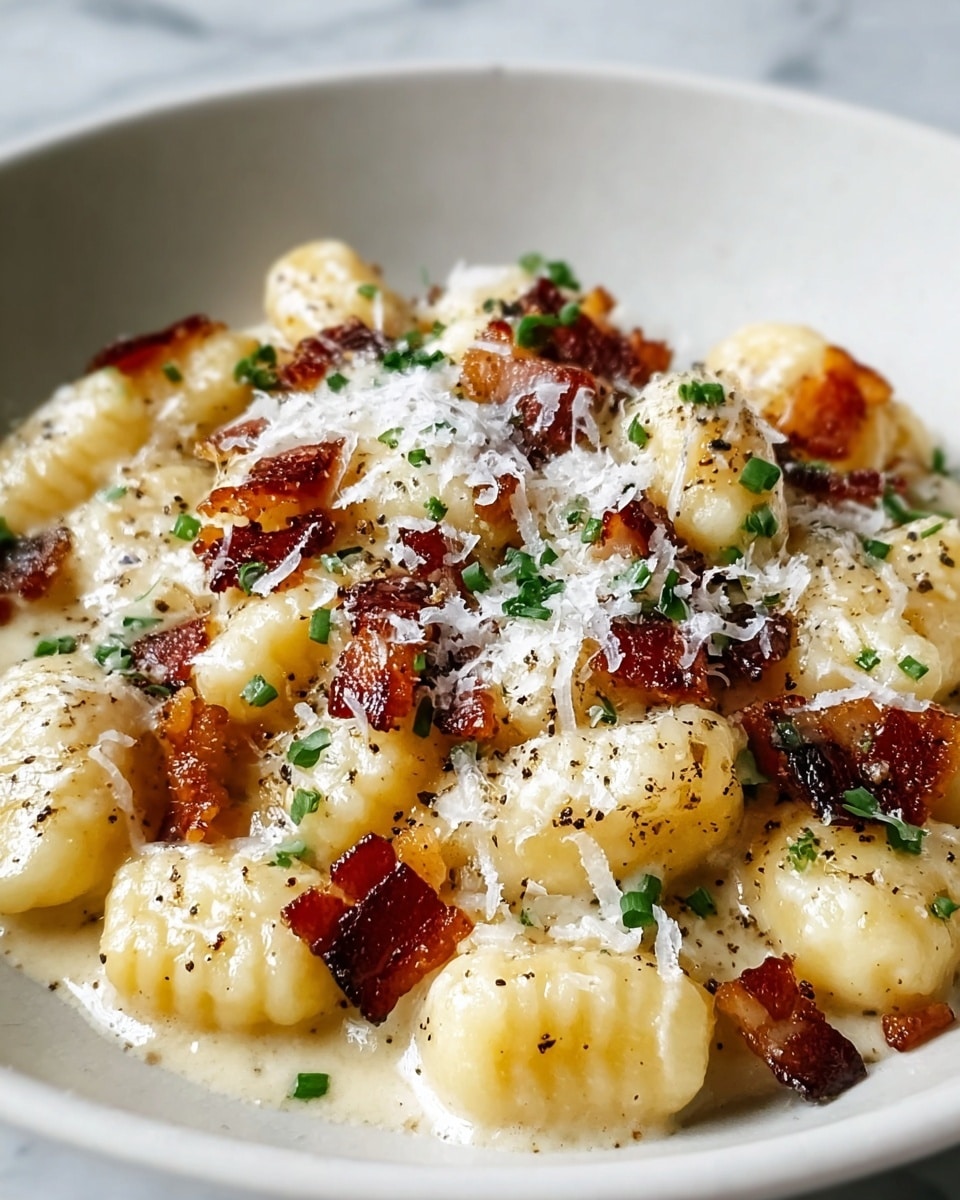 A close-up view of a plate of gnocchi with three main visible layers: the base layer is soft, plump gnocchi in a light golden cream sauce, the middle layer includes crispy, dark brown bacon pieces scattered evenly over the gnocchi, and the top layer is finely grated white cheese sprinkled generously along with small green herb bits and black pepper specks, all served on a white plate placed on a white marbled surface. photo taken with an iphone --ar 4:5 --v 7