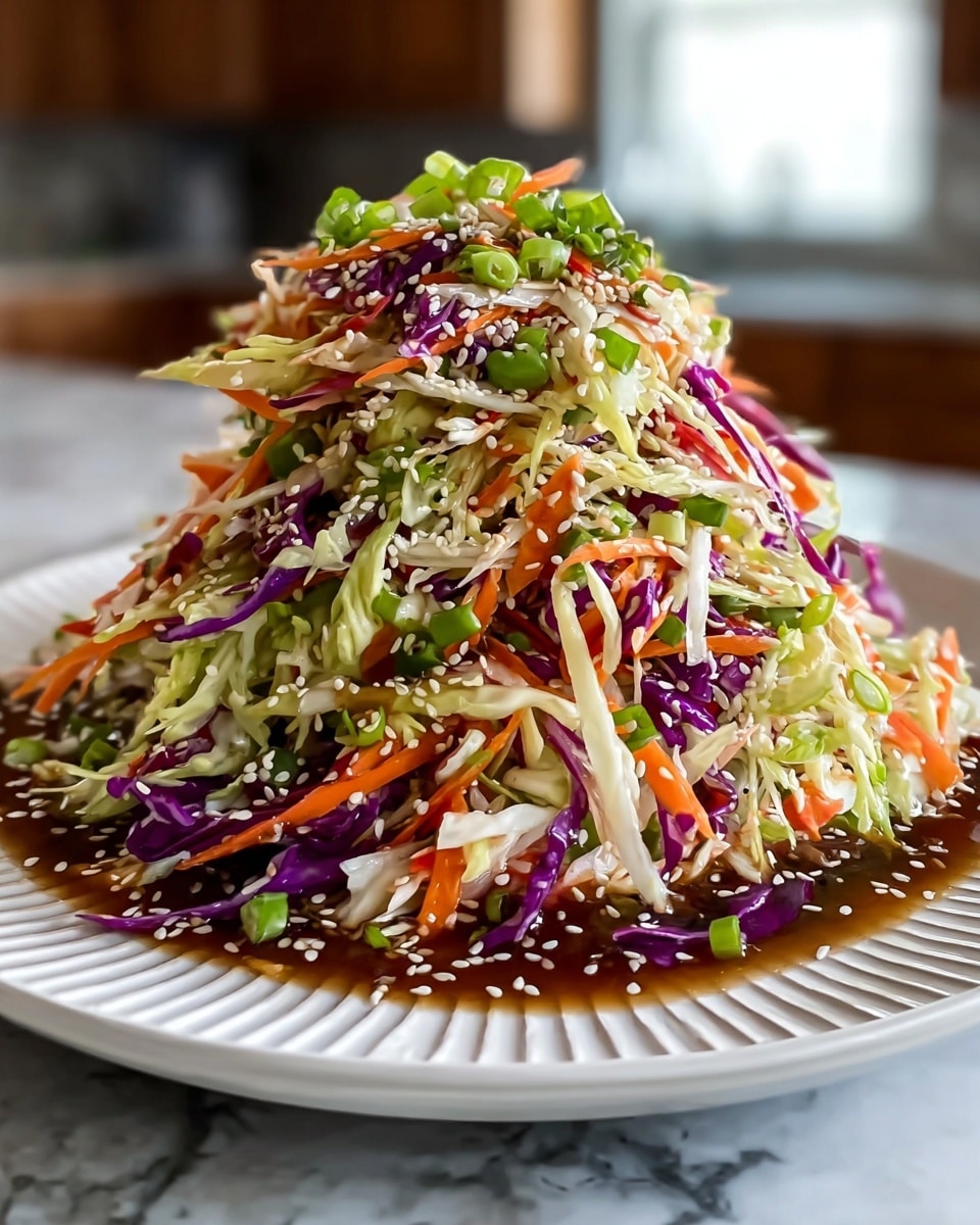 A large mound of colorful shredded salad sits in the center of a white plate with ridged edges. The salad layers include light green cabbage, purple cabbage, thin orange carrot strips, and chopped green onions mixed evenly throughout. The whole pile is sprinkled with small white sesame seeds, and a glossy, dark brown dressing pools slightly around the base. The plate rests on a surface with a white marbled texture, with a softly blurred kitchen background. photo taken with an iphone --ar 4:5 --v 7