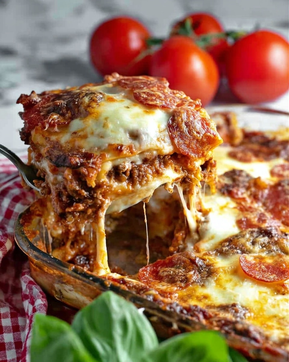 A close-up view of a slice of baked lasagna being lifted from a clear glass pan, showing several layers: a top layer of melted, golden brown cheese with some crispy edges, underneath a rich red tomato sauce dotted with browned ground meat, with thin slices of pepperoni visible in the layers, and creamy melted cheese stretching between the lifted slice and pan. The background has three ripe red tomatoes and a red and white checkered cloth on a white marbled surface, with some fresh green basil leaves in the foreground. Photo taken with an iphone --ar 4:5 --v 7