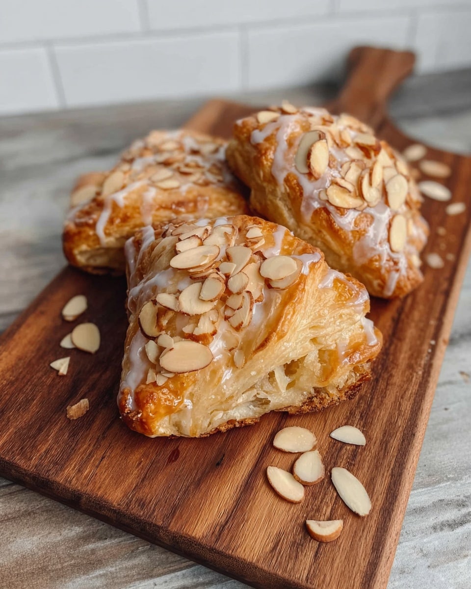Three golden brown pastries with a flaky texture sit on a wooden cutting board. Each pastry is topped with a shiny glaze and scattered sliced almonds. The pastries have visible layers showing their light, airy inside. Some almonds have fallen off onto the board. The scene is set against a white marbled texture. photo taken with an iphone --ar 4:5 --v 7