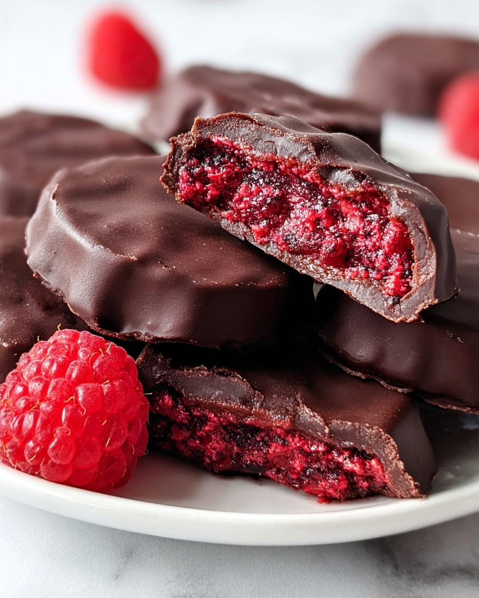 The image shows three dark chocolate-covered raspberry bites stacked on a white square plate with a white marbled texture in the background. The top two bites are cut in half, revealing a bright red, juicy raspberry filling with a slightly chunky texture inside the thin, glossy, and smooth chocolate shell. The bottom bite is whole, with a shiny, dark brown chocolate coat. A fresh, whole raspberry sits in front of the bites, adding a pop of vibrant red color to the scene. Photo taken with an iphone --ar 4:5 --v 7