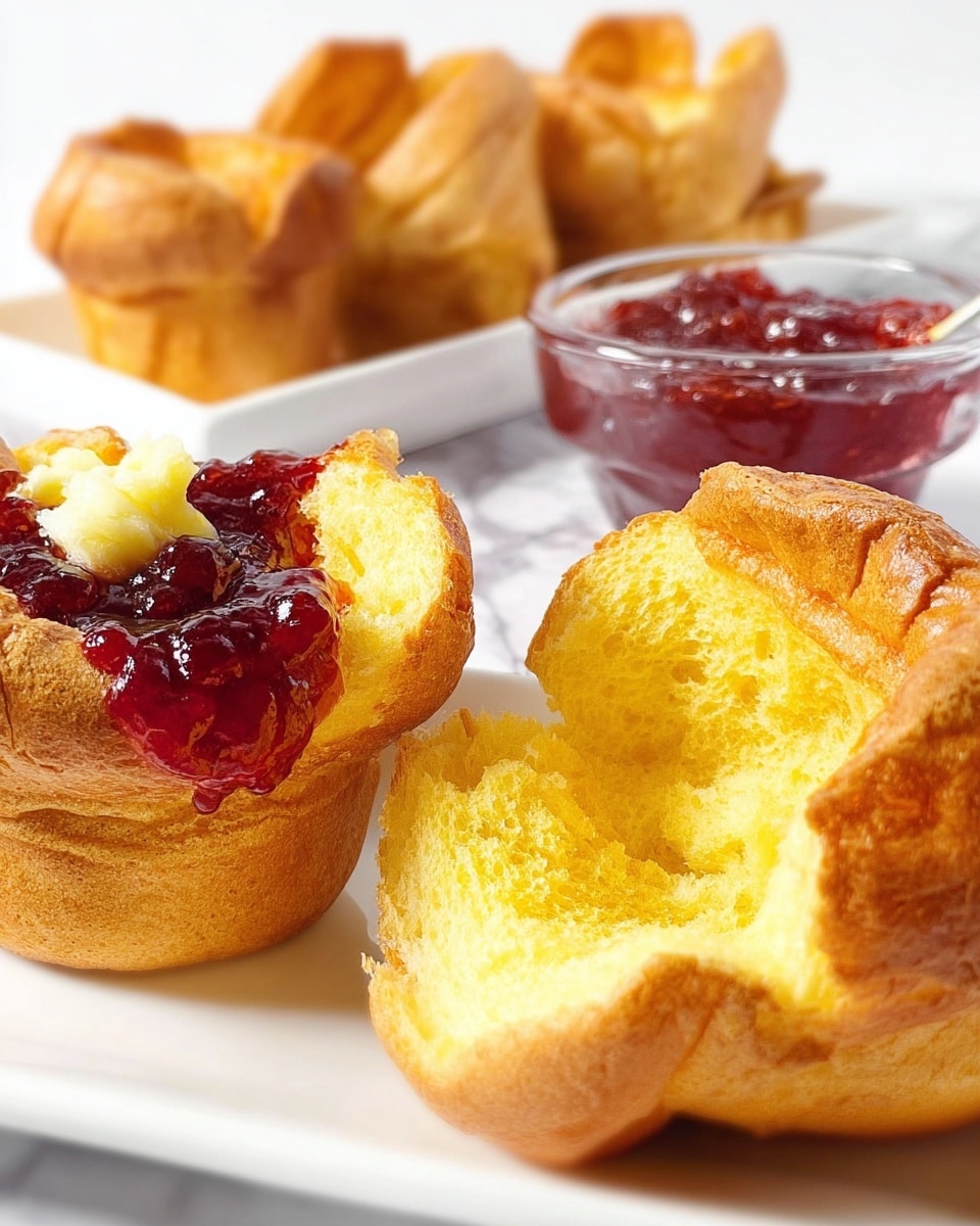 The image shows a close-up of golden-brown popovers on a white plate. One popover is opened wide, revealing a soft, fluffy, yellow interior with a light texture. Another popover is topped with a thick, glossy layer of dark red jam and a small amount of creamy butter peeking through. In the background, more popovers sit on a white rectangular plate, and a small glass bowl filled with the same jam sits behind them. The setting is on a white marbled surface with bright lighting that highlights the textures and colors clearly. Photo taken with an iphone --ar 4:5 --v 7