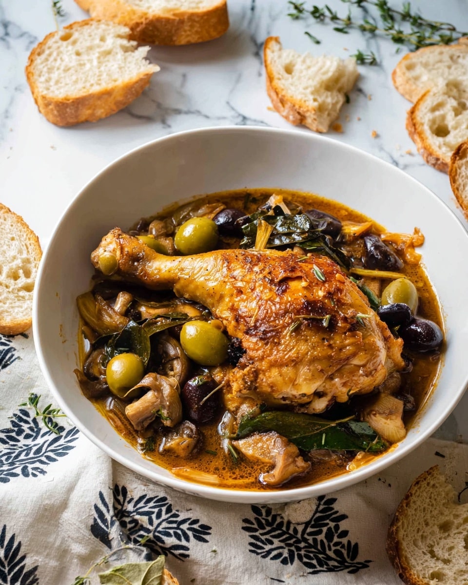 A white bowl contains a cooked chicken leg quarter with golden-brown crispy skin, placed on top of a rich stew with dark green leaves, green and black olives, small brown mushrooms, and chunks of soft brown meat partially submerged in thick brown sauce; the bowl sits on a white marbled surface covered with a cream cloth featuring black leaf designs, surrounded by pieces of sliced light brown bread and bread crumbs scattered around. photo taken with an iphone --ar 4:5 --v 7