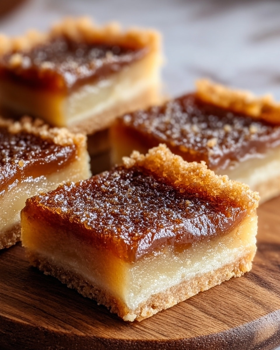 The image shows four square pieces of a dessert placed closely together on a wooden board. Each piece has three visible layers: a thin, crumbly beige base, a thick, translucent light caramel middle layer with a slightly grainy texture, and a shiny dark caramel-brown top layer with a textured surface. The edges of the pieces are slightly raised and crumbly, giving a rough appearance, while the top layer looks glossy and uneven. The background has a soft, blurred view with a white marbled texture. photo taken with an iphone --ar 4:5 --v 7