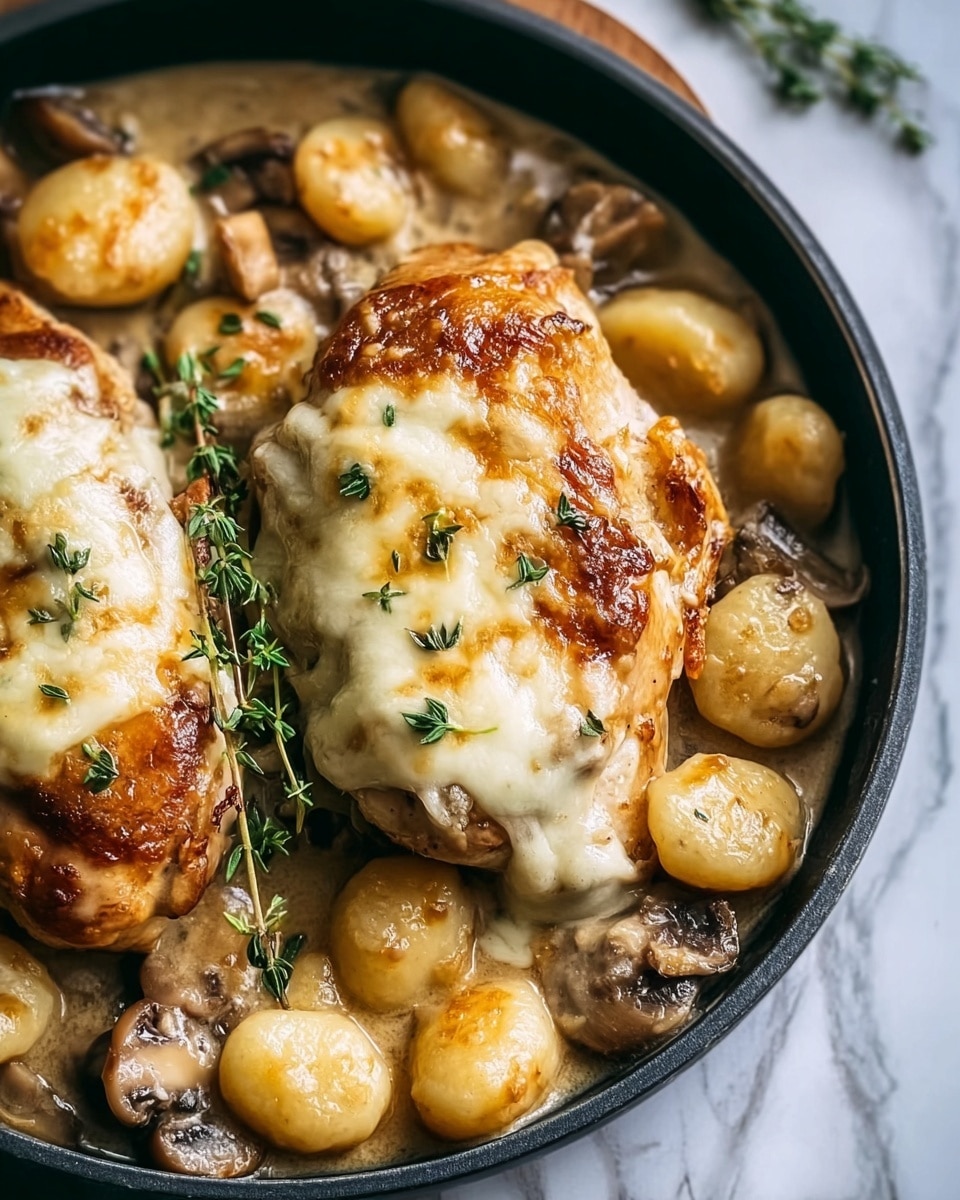 The image shows a close-up of two golden brown chicken breasts covered with creamy, melted cheese and garnished with fresh green thyme sprigs, placed in a round black pan. Around the chicken, there are round, slightly browned gnocchi pieces with a soft, creamy texture and some pieces of sautéed mushrooms visible underneath. The dish is sitting on a white marbled surface with a soft, natural light enhancing the glossy texture of the sauce and cheese. photo taken with an iphone --ar 4:5 --v 7
