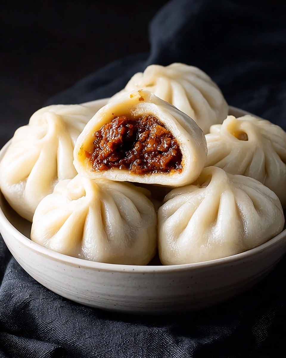 A close-up of six steamed dumplings with smooth, slightly shiny white skin arranged in a white bowl, one dumpling cut open to reveal a rich, dark brown meat filling with a chunky texture inside, the folds at the top of each dumpling are gathered tightly with visible creases, the bowl sits on a soft dark cloth against a dark background. photo taken with an iphone --ar 4:5 --v 7