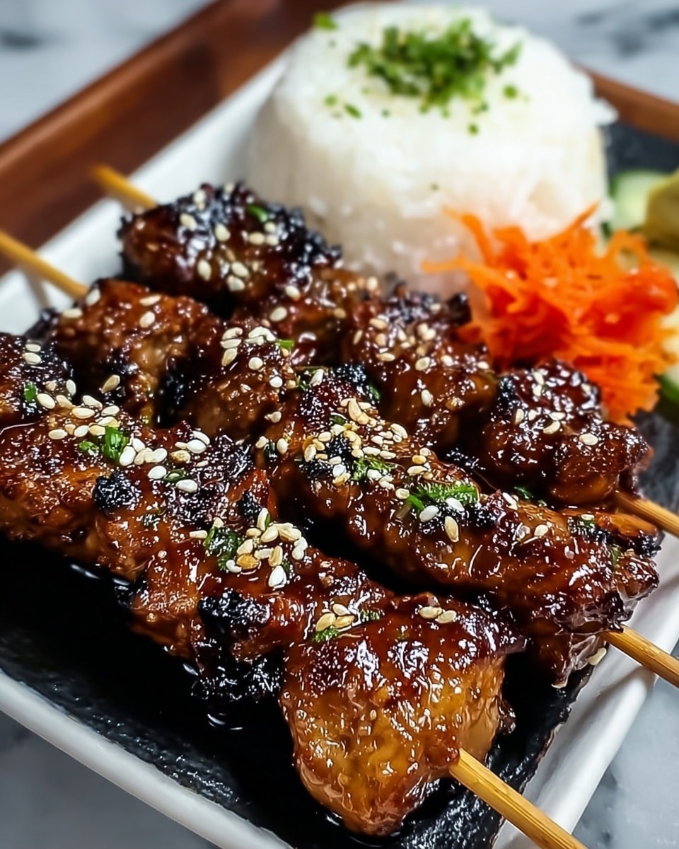 The image shows three wooden skewers topped with glossy, dark brown grilled meat glazed with a shiny sauce and speckled with toasted white sesame seeds. The meat pieces are slightly charred in places, giving a caramelized texture. Behind the skewers, there is a mound of white rice garnished with small green herbs. On the side, there are thin, curly orange strips and sliced green pickled vegetables. All this is served on a white rectangular plate with a subtle black tray texture, placed on a white marbled surface. photo taken with an iphone --ar 4:5 --v 7
