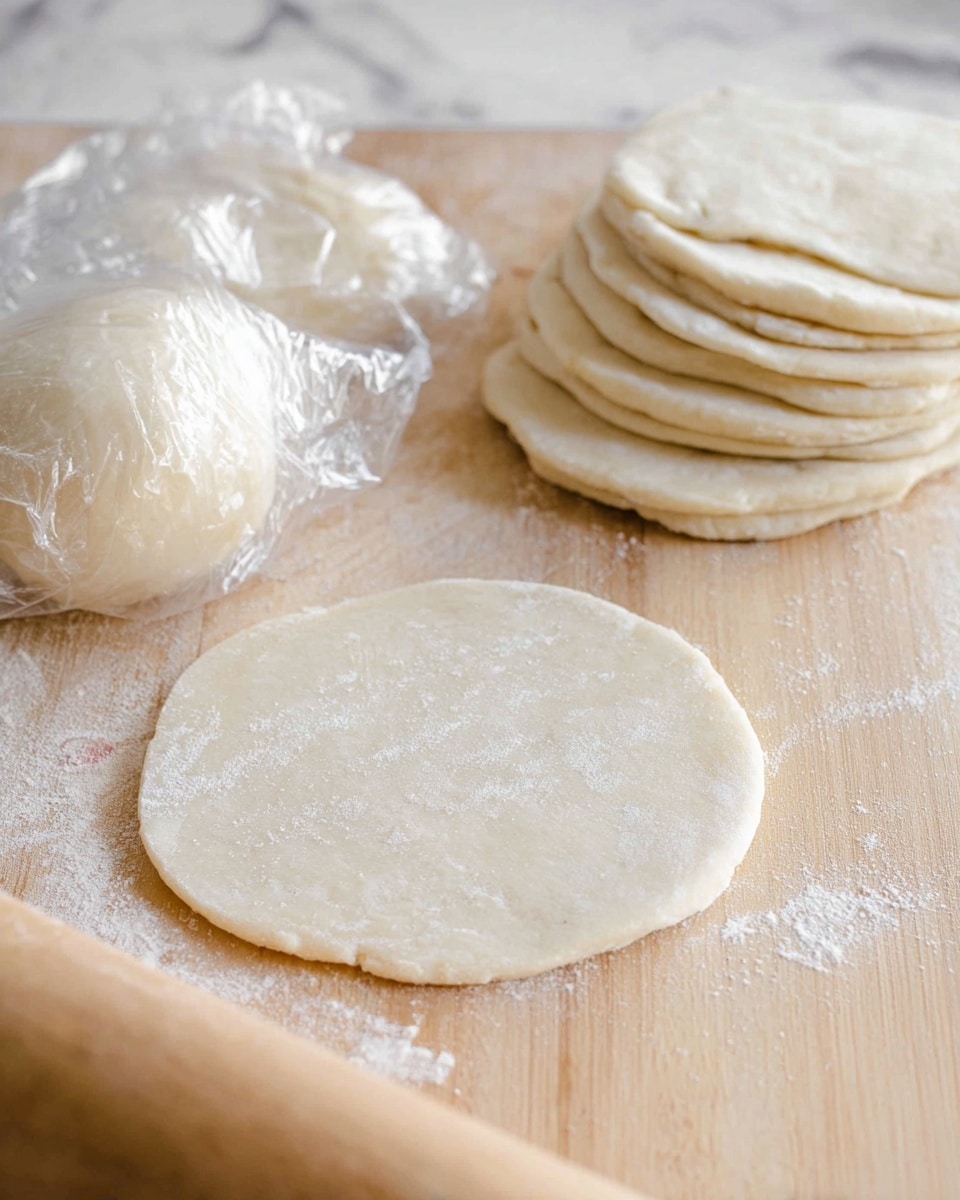The image shows several pale, round dough discs arranged in a neat stack on a light wooden surface with some flour dusted around. One dough disc is laid out flat in the forefront, showing a smooth, slightly textured surface. To the left, small pieces of dough are wrapped in clear plastic, and a larger wrapped dough ball sits nearby, while the lower right corner shows part of a wooden rolling pin. The whole scene is set on a white marbled texture background. photo taken with an iphone --ar 4:5 --v 7