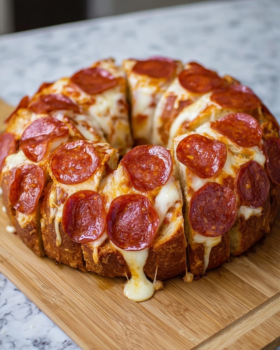 A round pizza bread ring is shown on a wooden cutting board with a white marbled texture underneath. The ring is made of many thick, golden-brown bread slices arranged in a circle with a hollow center. Each slice is topped with melted, slightly browned mozzarella cheese that stretches between the slices. On top of the cheese, there are round, shiny pepperoni slices that cover the bread well, with some slightly overlapping and edges curling up. The overall look is warm and gooey with a mix of orange-red pepperoni, creamy white cheese, and light golden bread. photo taken with an iphone --ar 4:5 --v 7