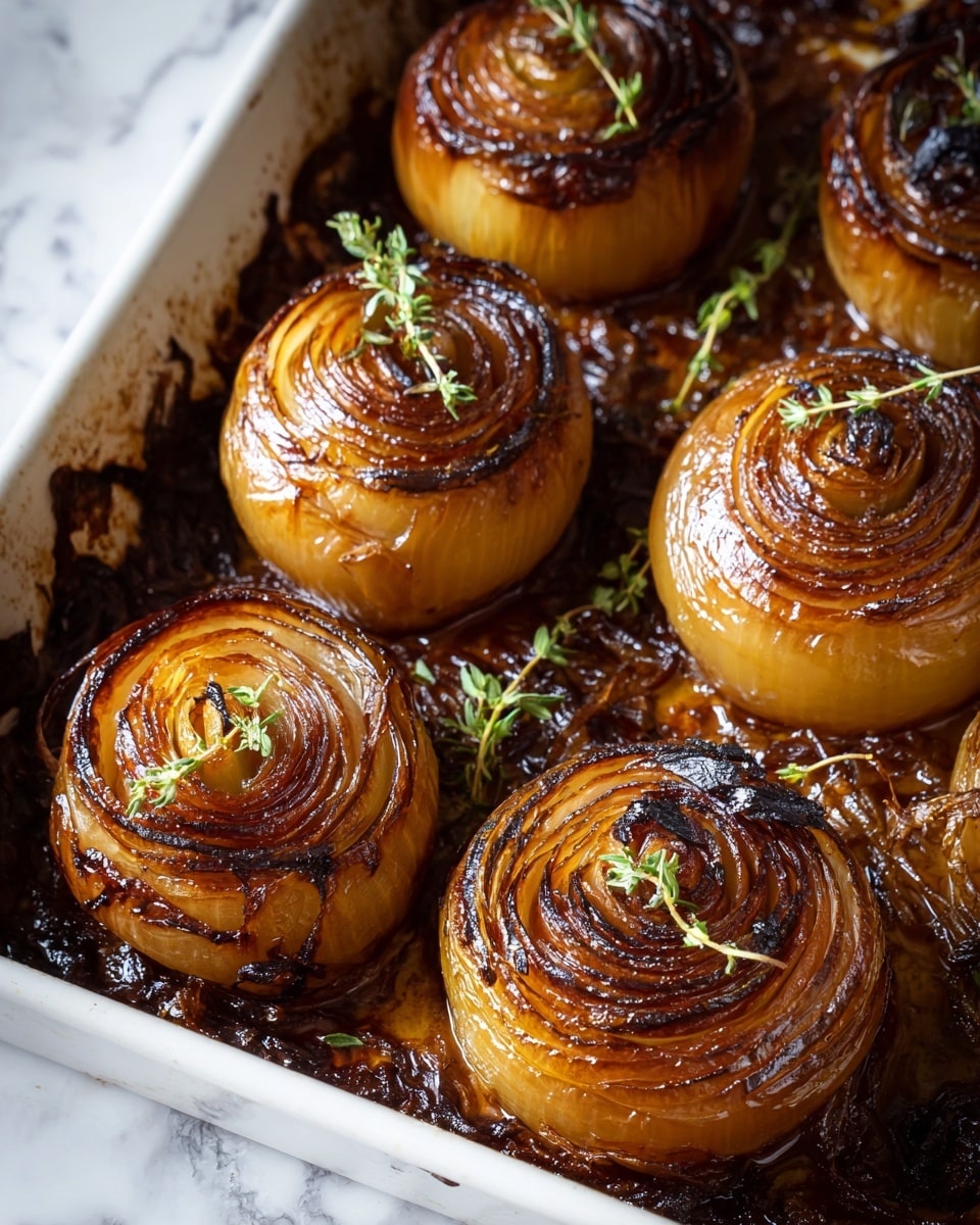 The image shows a baking tray filled with six roasted whole onions, each with about 15 to 20 golden brown layers that have caramelized and darkened on top in a spiral pattern, creating a crispy texture. The onions have a shiny, slightly wet surface from cooking, and small sprigs of fresh green thyme are scattered across and around them. The tray is white and contrasts with the dark caramelized bits stuck around the onions. The background features a white marbled texture. photo taken with an iphone --ar 4:5 --v 7