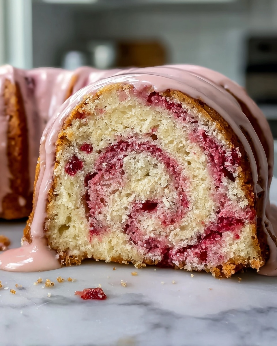 A close-up of a sliced bundt cake with two main visible layers: a light pink swirled layer mixed with a creamy white layer that form a spiral inside. The cake has a textured, slightly crumbly surface, with bits of red fruit embedded in the pink layer. The top of the cake is covered with a thick, shiny glaze that drips down the sides onto a white marbled surface. The glaze is a mix of white and pink, pooling slightly beneath the cake slice. In the background is a blurred kitchen setup. photo taken with an iphone --ar 4:5 --v 7