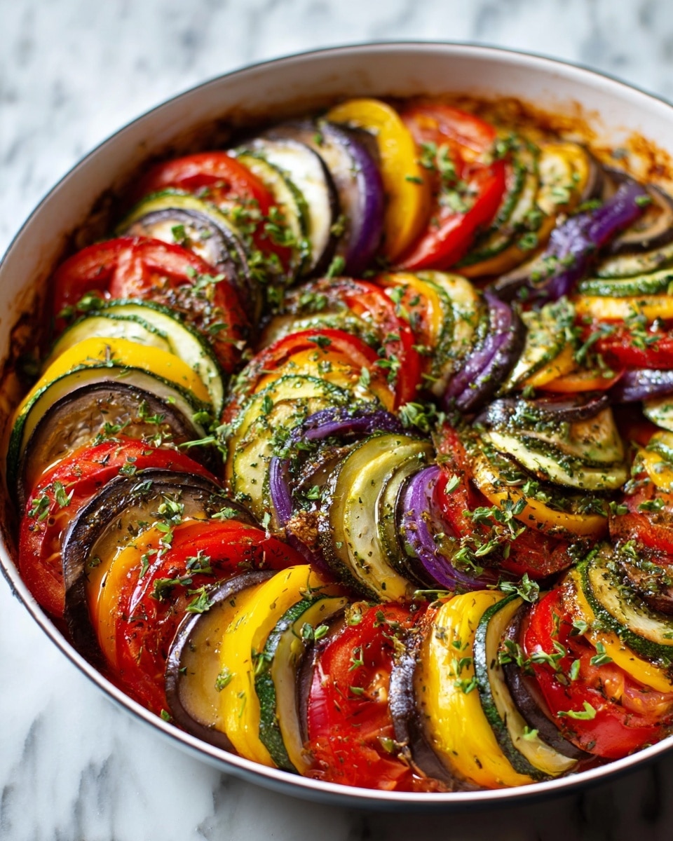 A colorful ratatouille dish arranged in a round white pan, showing multiple layers of thinly sliced vegetables including deep purple eggplant, bright yellow bell peppers, green zucchini, red tomatoes, and purple onions, all placed upright and overlapping in a circular pattern. The vegetables are topped with green herbs scattered lightly over the top, adding a fresh touch to the mix of soft, cooked textures and vibrant colors. The pan sits on a white marbled surface. photo taken with an iphone --ar 4:5 --v 7