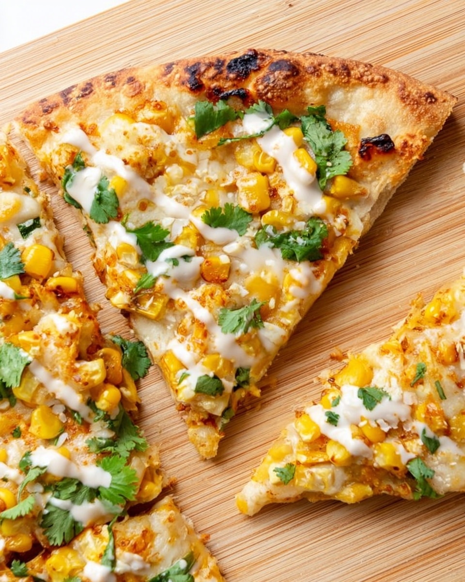 A slice of thin pizza with a golden brown crust is topped with melted white and yellow cheese, scattered yellow corn kernels, and fresh green cilantro leaves spread across the surface. A light drizzle of creamy off-white sauce zigzags over the top, adding texture and contrast. The slice rests on a light wooden board with another slice partially visible, showing similar ingredients. The overall colors are warm with a mix of creamy whites, rich yellows, bright greens, and a light toasted crust. photo taken with an iphone --ar 4:5 --v 7