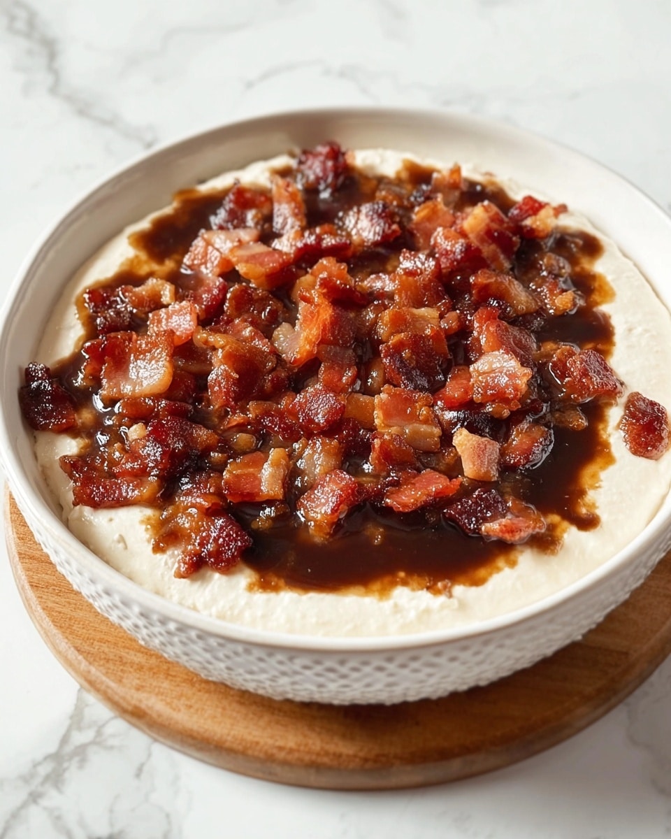 The dish is presented in a white bowl with a detailed edge, set on a wooden coaster on a white marbled surface. It has three visible layers: the bottom layer is a creamy white spread filling the bowl, the middle layer is a thick dark brown sauce spread over the cream, and the top layer consists of crispy, small pieces of reddish-brown bacon evenly scattered, showing a juicy and crunchy texture. Photo taken with an iphone --ar 4:5 --v 7