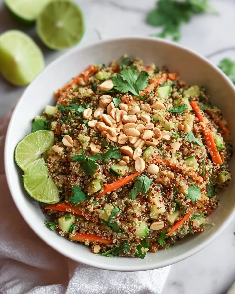 A white bowl filled with a colorful quinoa salad, showing about four visible layers: the base is made of small, round, cooked quinoa grains in light yellow and beige tones; mixed within are thin slices of bright orange carrots and light green celery, scattered evenly all around; on top of that are chopped peanuts adding a light brown, crunchy texture; fresh dark green cilantro leaves are sprinkled throughout and a bright green lime wedge is placed on the bowl's edge for garnish. The bowl sits on a soft grey cloth, all on a white marbled surface. Photo taken with an iphone --ar 4:5 --v 7
