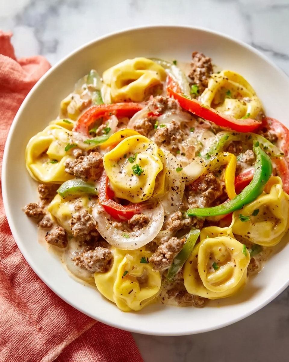 A white plate holds a creamy pasta dish with about two layers of ingredients. The bottom layer has cooked tortellini, which are yellow with a soft, smooth texture, arranged closely together. On top of this, there is a mix of ground meat in small brown chunks, sliced white onions, and bell peppers cut into strips showing bright red, green, and yellow colors. The whole dish is coated in a light cream sauce with herbs and black pepper sprinkled over it, adding small dark spots. The plate is placed on a white marbled surface with a coral pink cloth partially visible nearby. Photo taken with an iphone --ar 4:5 --v 7