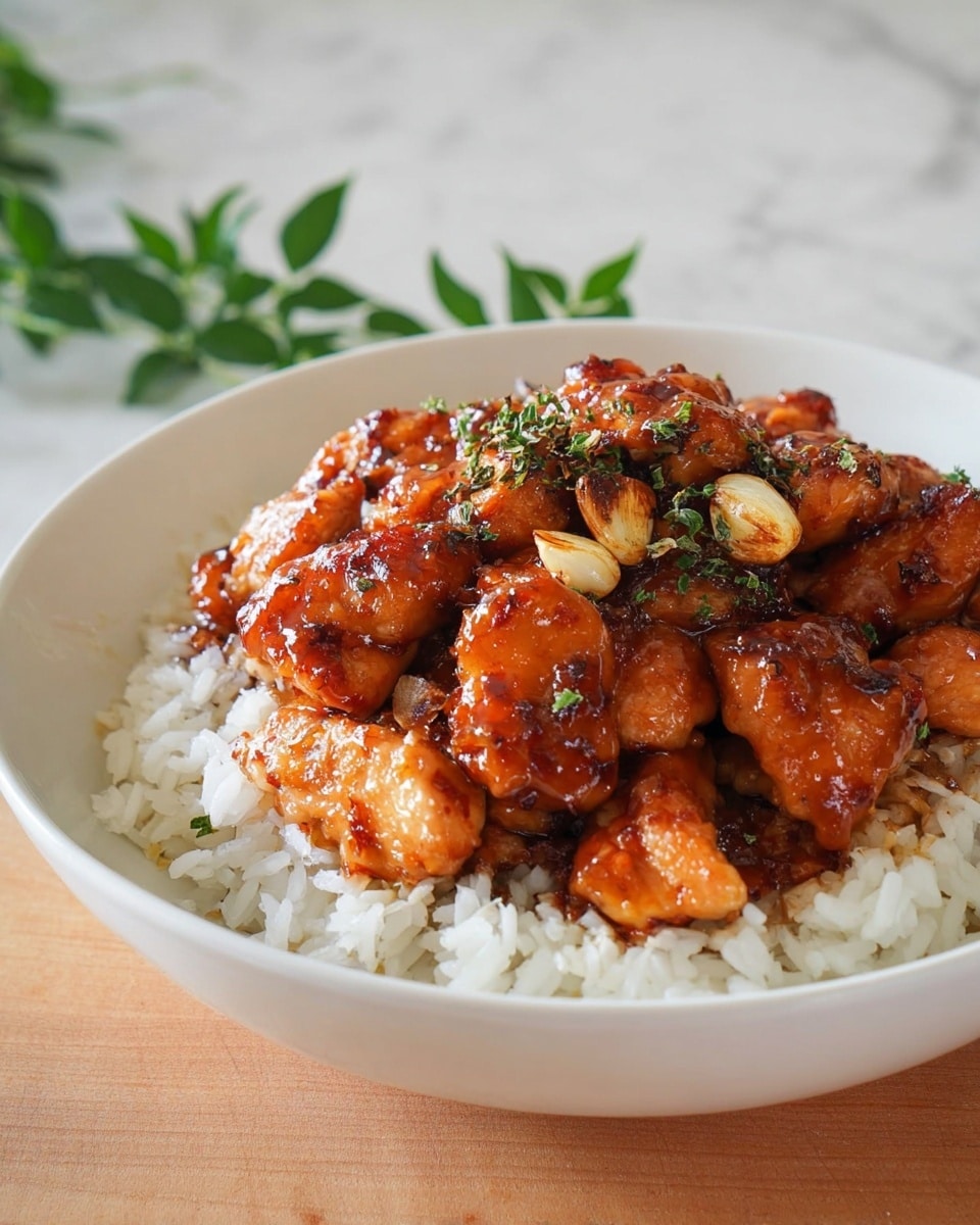 This dish shows a white bowl filled with a base layer of fluffy white rice, topped by a thick layer of glazed chicken pieces that are golden brown and shiny with a sticky sauce. Small roasted garlic slices and tiny green herb bits are scattered on top of the chicken, adding texture and color contrast. The bowl sits on a white marbled surface, with some green leaves blurred in the background. photo taken with an iphone --ar 4:5 --v 7