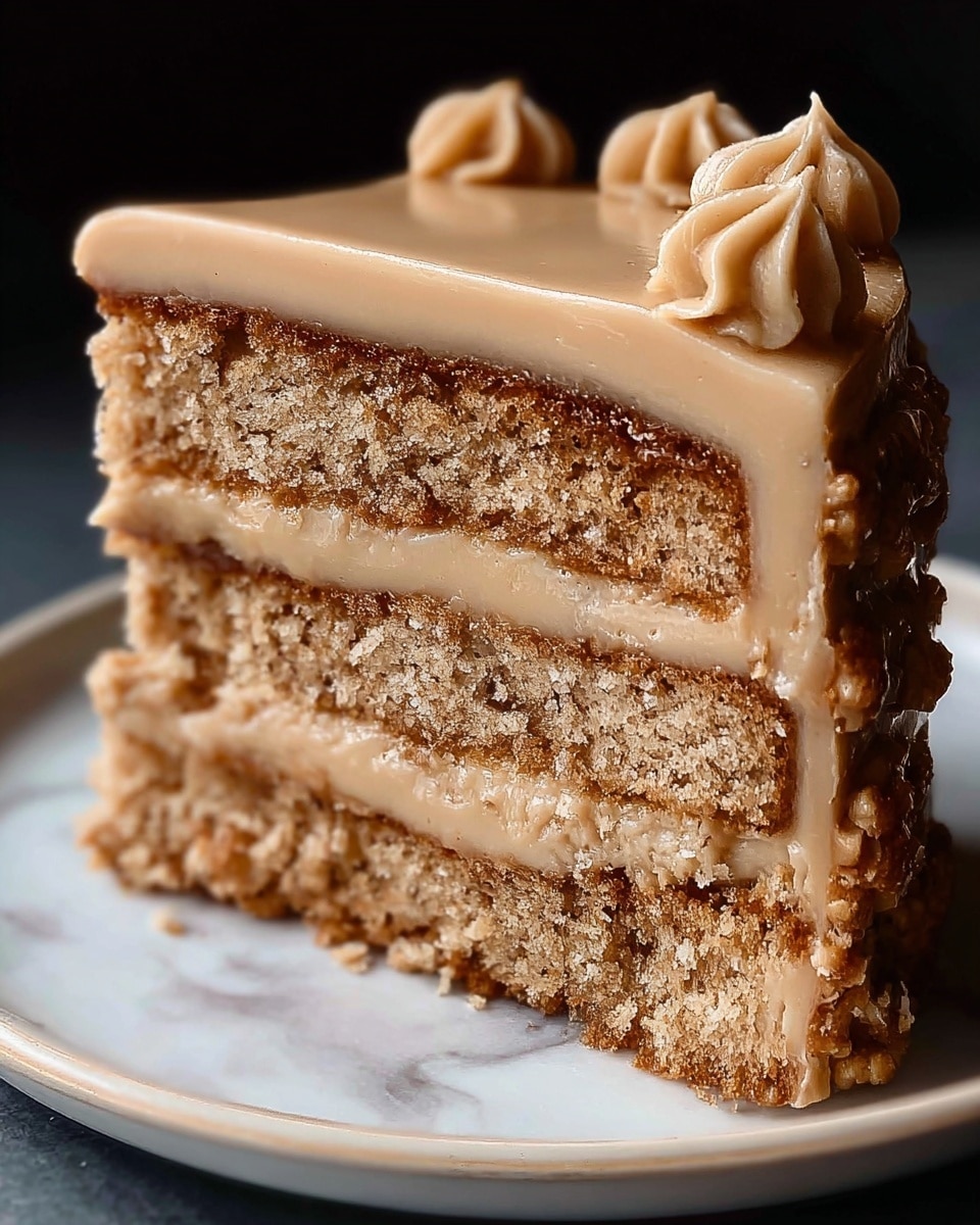 A close-up of a three-layer cake slice on a white plate with a white marbled texture under it. The bottom, middle, and top cake layers are light brown and look soft and moist with a crumbly texture. Between each cake layer is a smooth, shiny light brown frosting layer, matching the thick frosting that covers the entire cake slice. Small dollops of the same frosting are placed around the top edge of the cake slice. The background is dark, making the cake stand out clearly. photo taken with an iphone --ar 4:5 --v 7