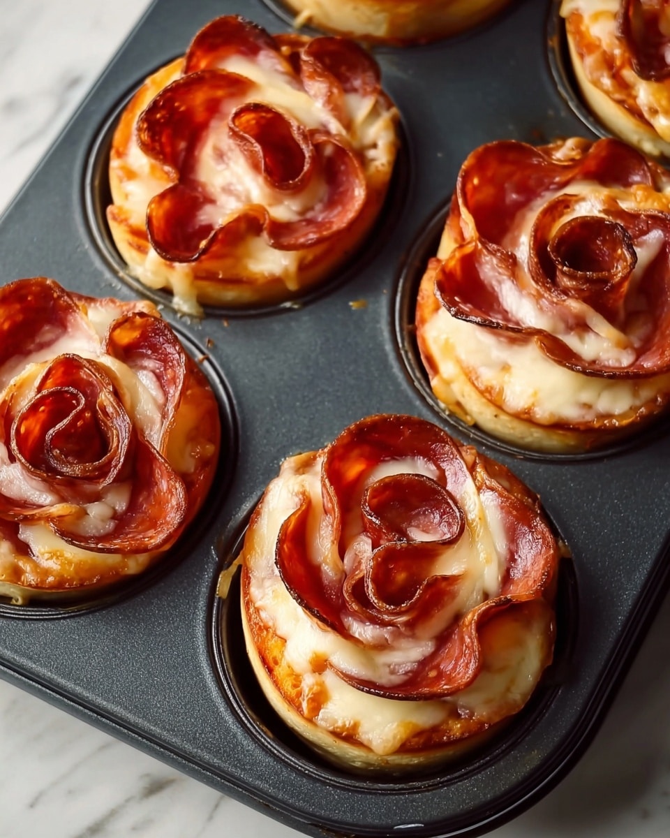 The image shows close-up views of six spiral-shaped pizza rolls baked in a black metal muffin tray on a white marbled surface. Each pizza roll has multiple visible layers starting with a thick, soft, pale golden dough at the bottom. On top of the dough, there are thin layers of white melted cheese interspersed with several overlapping slices of reddish-brown pepperoni shaped like rose petals, curling at the edges with a slightly crispy texture. The pepperoni's glossy, oily surface contrasts with the smooth, creamy cheese, giving the rolls a rich and appetizing look. The rolls are evenly spaced in the round muffin cups, creating a neat and colorful pattern. photo taken with an iphone --ar 4:5 --v 7