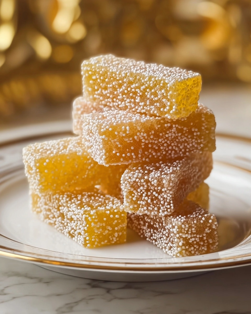 The image shows a stack of eight rectangular yellow-orange jelly candies coated evenly in small white sugar beads, piled on a white plate with a fine gold rim design. The jelly pieces have a slightly translucent texture, and the sugar beads give a rough, grainy surface look. The plate is set on a white marbled texture surface, with the background softly blurred in warm golden tones, creating a cozy and elegant atmosphere. photo taken with an iphone --ar 4:5 --v 7