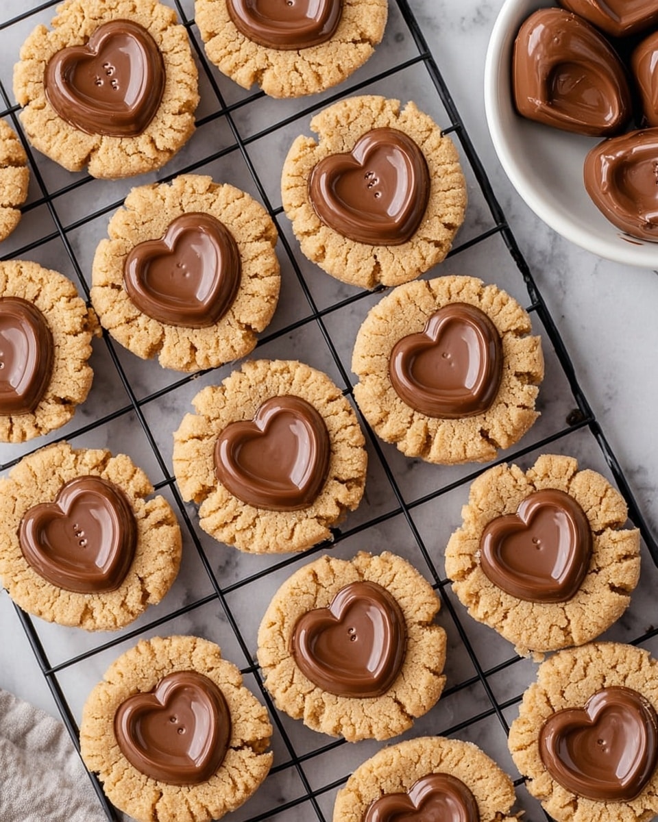 The image shows a group of round, lightly cracked peanut butter cookies, each with a smooth, heart-shaped piece of chocolate pressed into the center. The cookies have a golden-brown color with a slightly crumbly texture, and the chocolate hearts are shiny and rich brown with a small dotted pattern in the middle. They are arranged neatly on a black cooling rack placed over a white marbled surface. In the top right corner, a white bowl holds extra heart-shaped chocolates, partially visible. The photo has bright, even lighting that highlights the soft and crunchy textures. Photo taken with an iphone --ar 4:5 --v 7