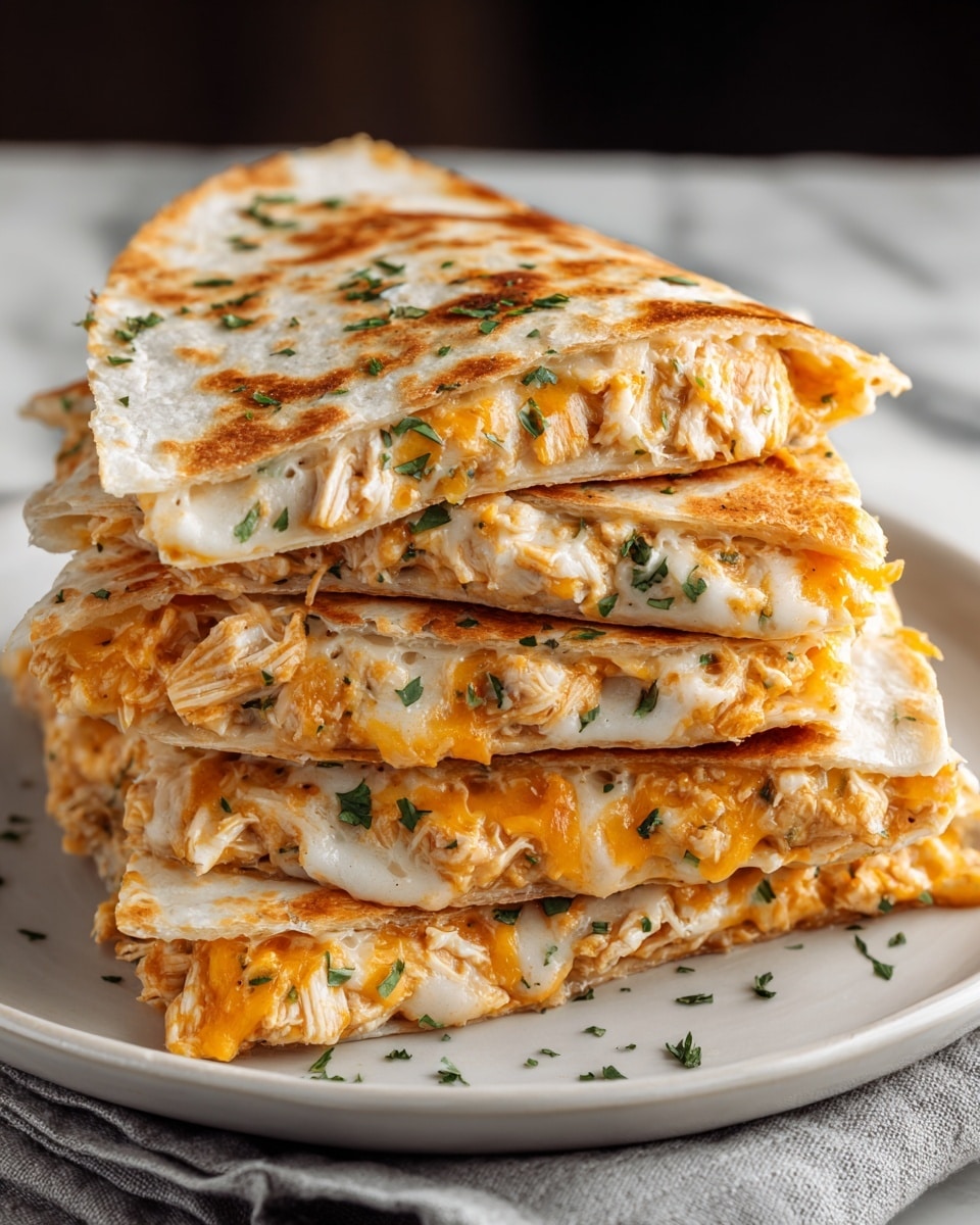 A stack of four triangular quesadilla pieces is arranged on a white plate, each showing a golden-brown toasted tortilla with a slightly crisp texture. Between the tortilla layers, there is a thick filling made of white melted cheese mixed with orange cheddar cheese, shredded chicken, and small green herb pieces sprinkled evenly throughout. The melted cheese looks gooey and stringy, oozing slightly at the cut edges, while the chicken is tender and visible in thin shreds. The top tortilla has some scattered herbs for a fresh touch. The plate rests on a white marbled surface with a soft gray cloth napkin beneath it. photo taken with an iphone --ar 4:5 --v 7