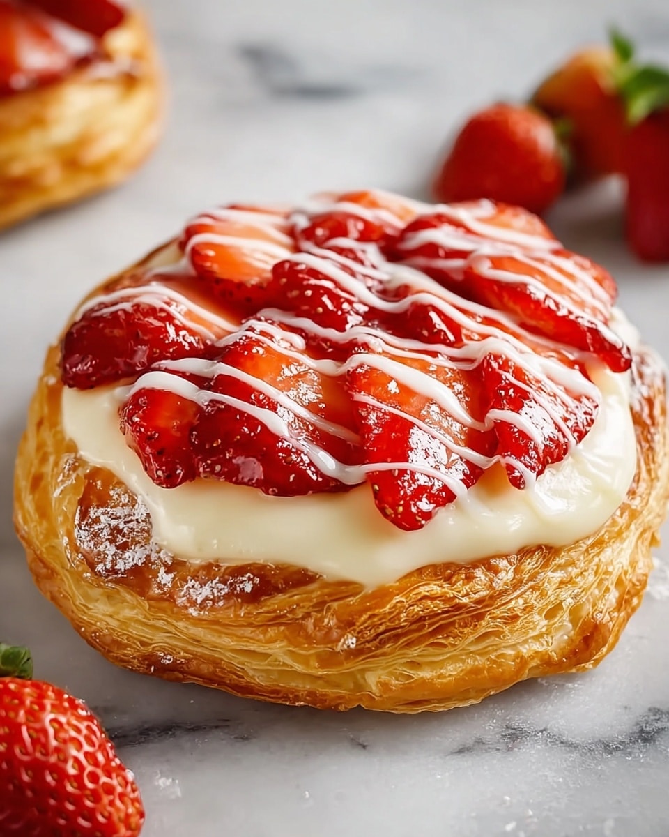 A round pastry with multiple golden brown flaky layers forms the base, topped with a smooth, creamy white layer of custard spread evenly. On top, bright red, glossy slices of strawberries are arranged in a slightly overlapping pattern. Thin white icing lines drizzle over the strawberries, adding texture and contrast. The pastry sits on a white marbled surface with a few whole strawberries scattered around for decoration. photo taken with an iphone --ar 4:5 --v 7