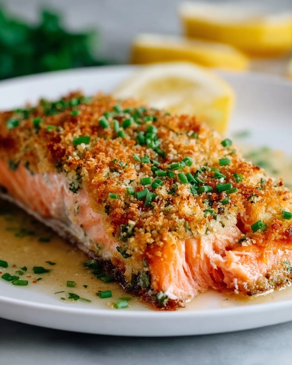 A close-up view of a cooked salmon fillet on a white plate, with one side showing a flaky light orange-pink fish flesh and the other side covered with a golden brown crispy breadcrumb crust mixed with green herbs, topped with small chopped green chives. The salmon rests in a shiny light sauce, and there are blurred lemon slices and green garnish in the background on a white marbled surface photo taken with an iphone --ar 4:5 --v 7