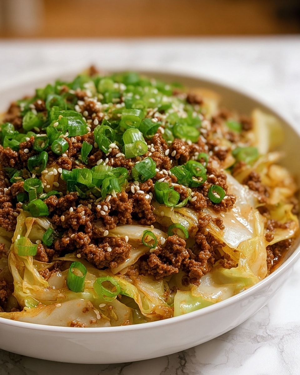 A white bowl filled with a layered dish starts with a base of soft, cooked cabbage pieces showing a slightly glossy, pale yellow and white texture. Above the cabbage is a generous layer of finely crumbled cooked ground meat in a rich brown color. The meat is topped with chopped fresh green onions, sliced into small rings that add bright green contrast. Small white sesame seeds are sprinkled evenly over the top, adding visual texture. The bowl is set on a surface with a white marbled texture, and the background is softly blurred, focusing attention on the dish. Photo taken with an iphone --ar 4:5 --v 7