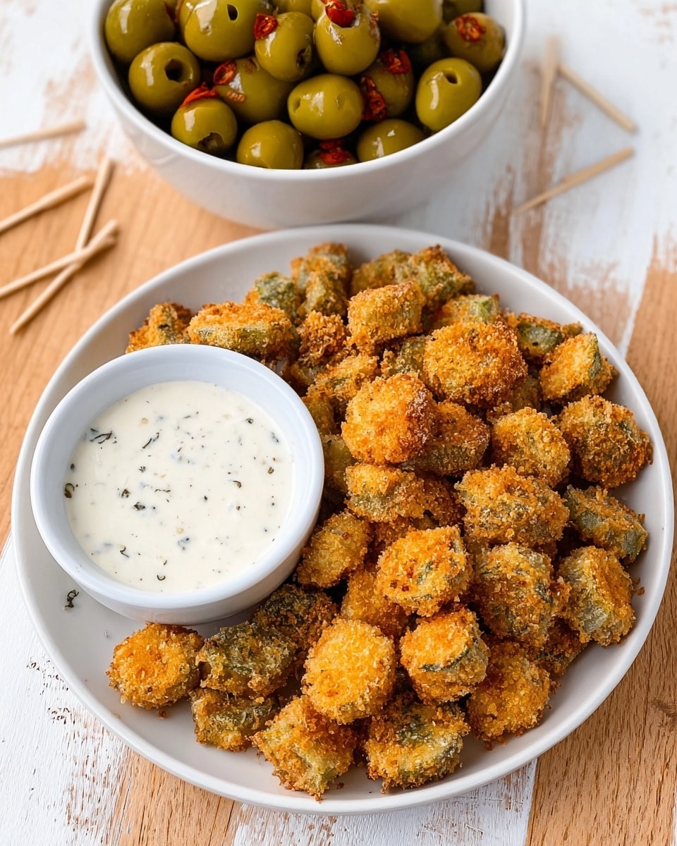 A white round plate filled with a large layer of golden-brown crispy fried okra pieces with a crunchy texture, arranged closely together mainly on the right side of the plate, and a small white bowl of creamy ranch dressing with specks of herbs sits neatly in the center-left of the plate. Above the plate, there is a white bowl filled with shiny green olives stuffed with red pimento, clustered tightly together. Wooden toothpicks are scattered on the wooden table surface which is changed to a white marbled texture, adding a casual feel to the setting. Photo taken with an iphone --ar 4:5 --v 7